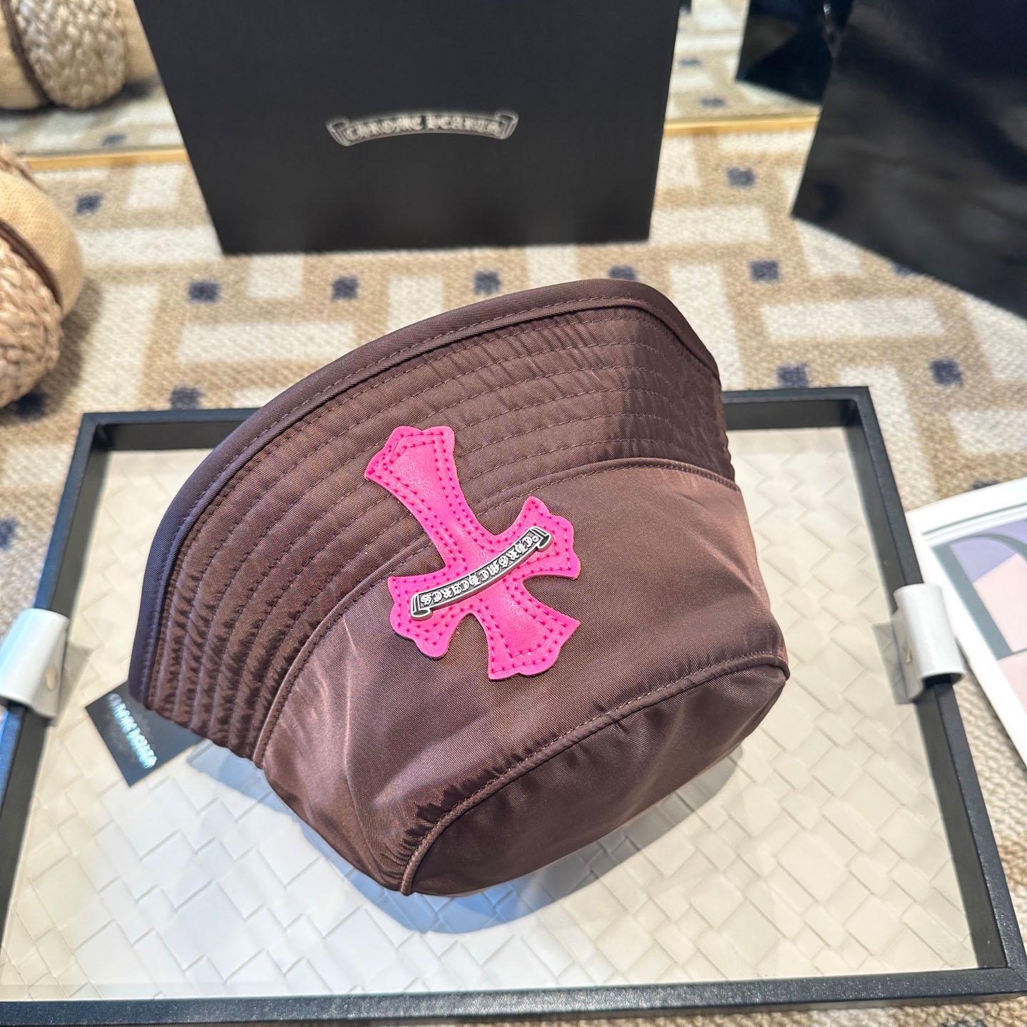 Chrome Heart Pink Leather Cross Patch Brown Bucket Hat - DopestKickz