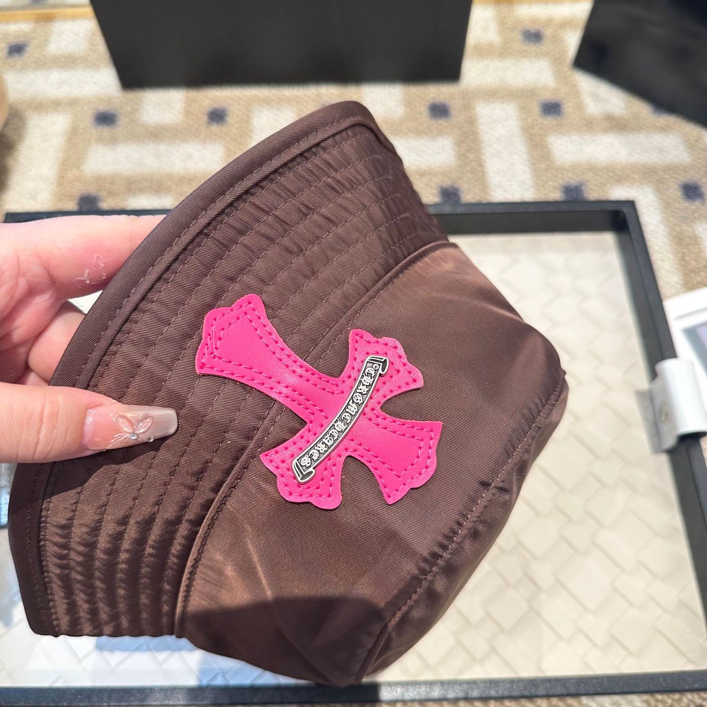 Chrome Heart Pink Leather Cross Patch Brown Bucket Hat - DopestKickz