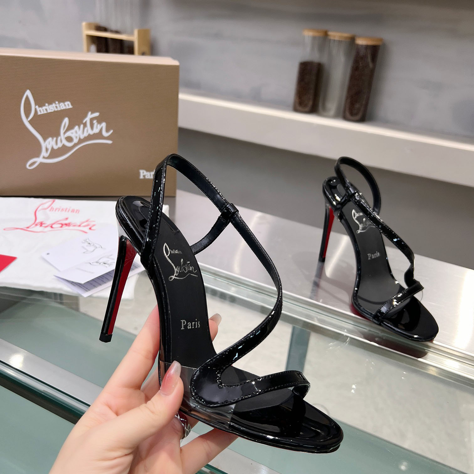 Christian Louboutin Rosa Z  100 mm Sandals  Patent Calf Leather - Black  - DopestKickz