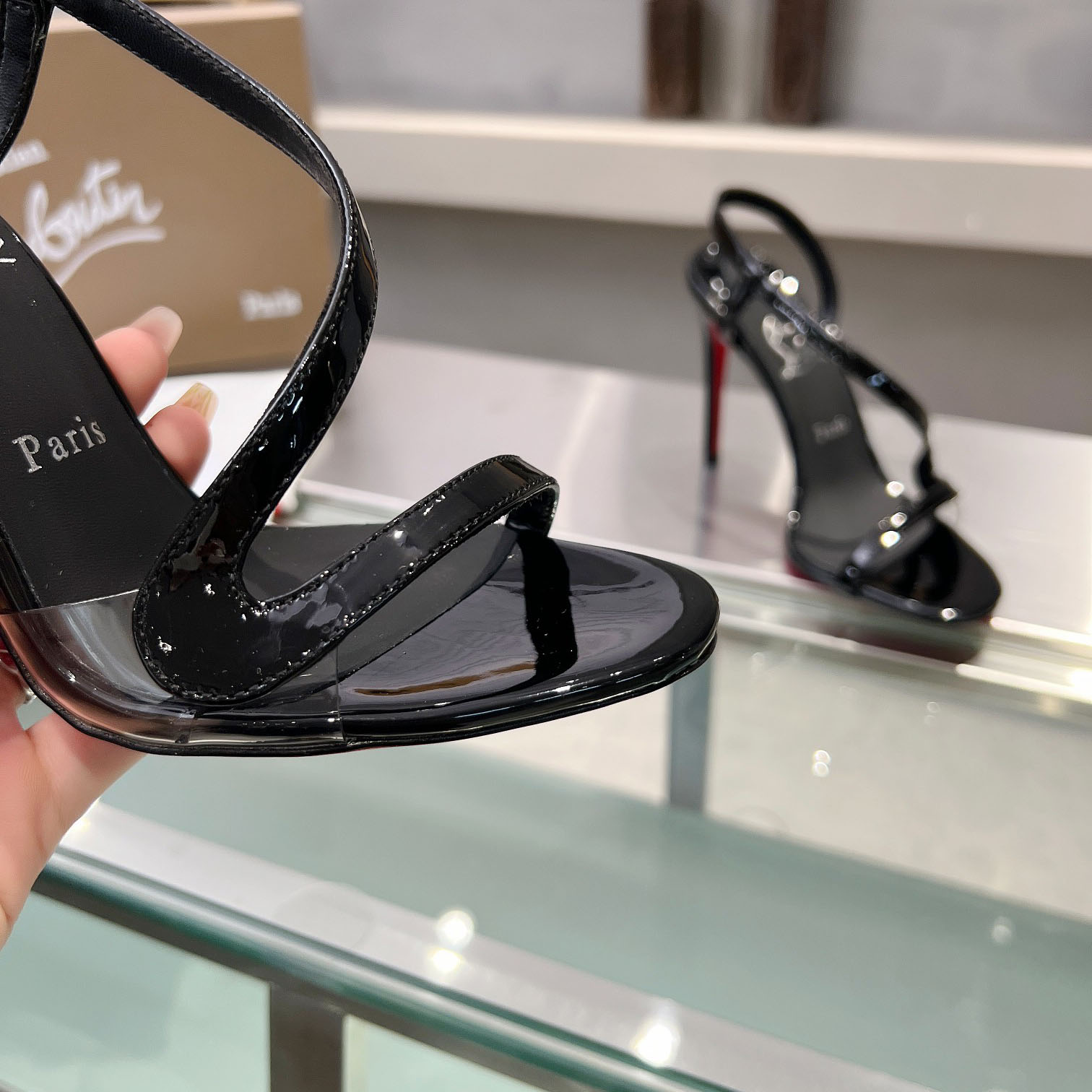 Christian Louboutin Rosa Z  100 mm Sandals  Patent Calf Leather - Black  - DopestKickz