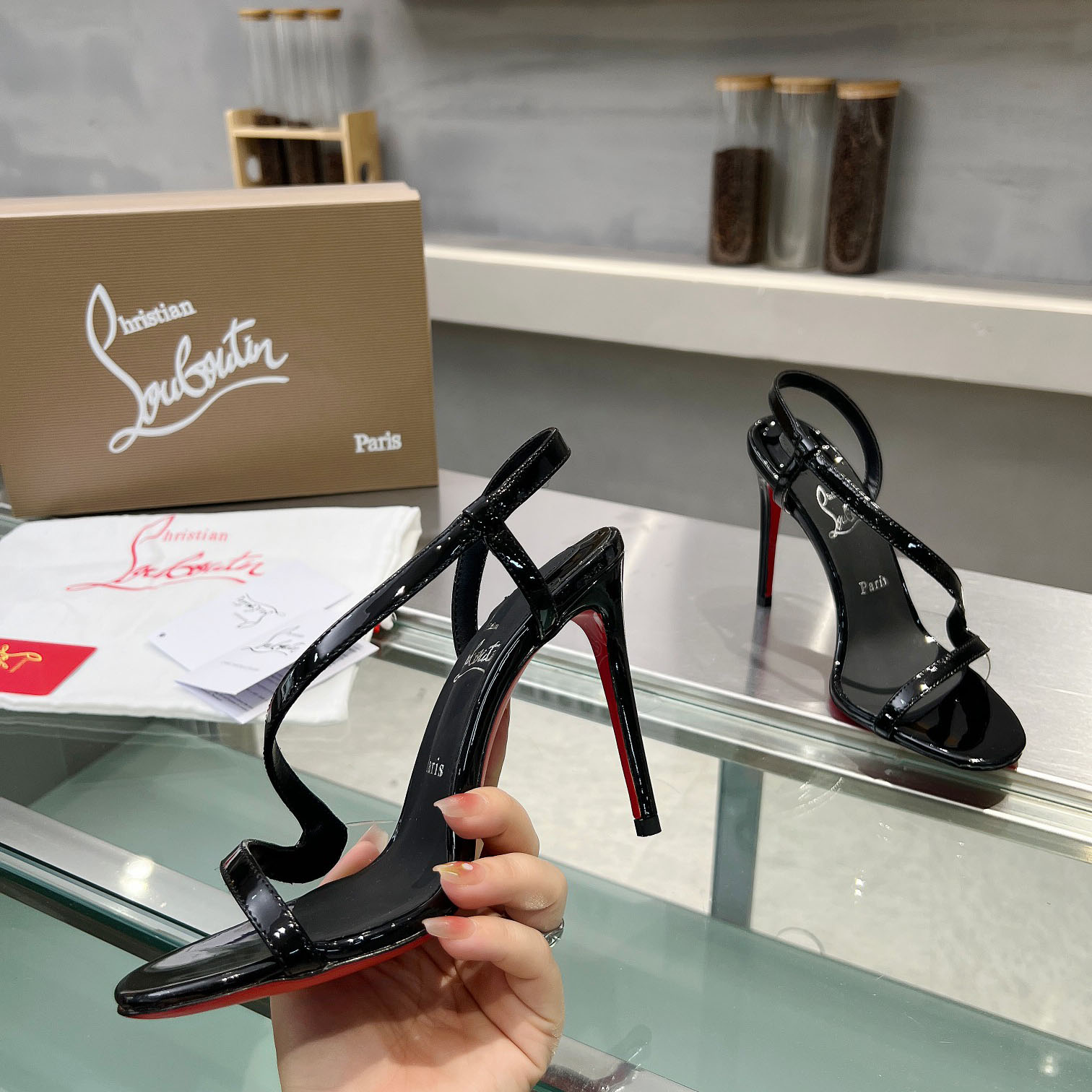 Christian Louboutin Rosa Z  100 mm Sandals  Patent Calf Leather - Black  - DopestKickz