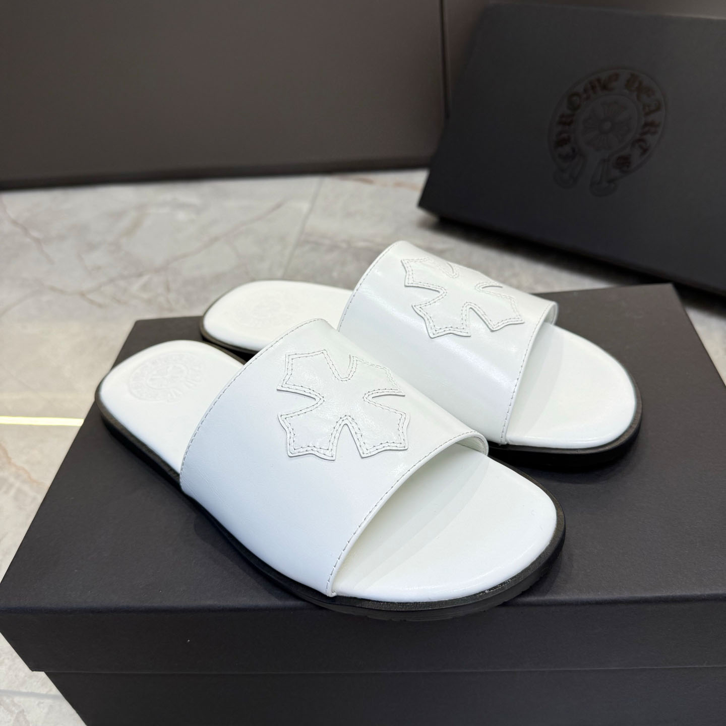 Chrome Hearts White Leather Slide Sandals - DopestKickz