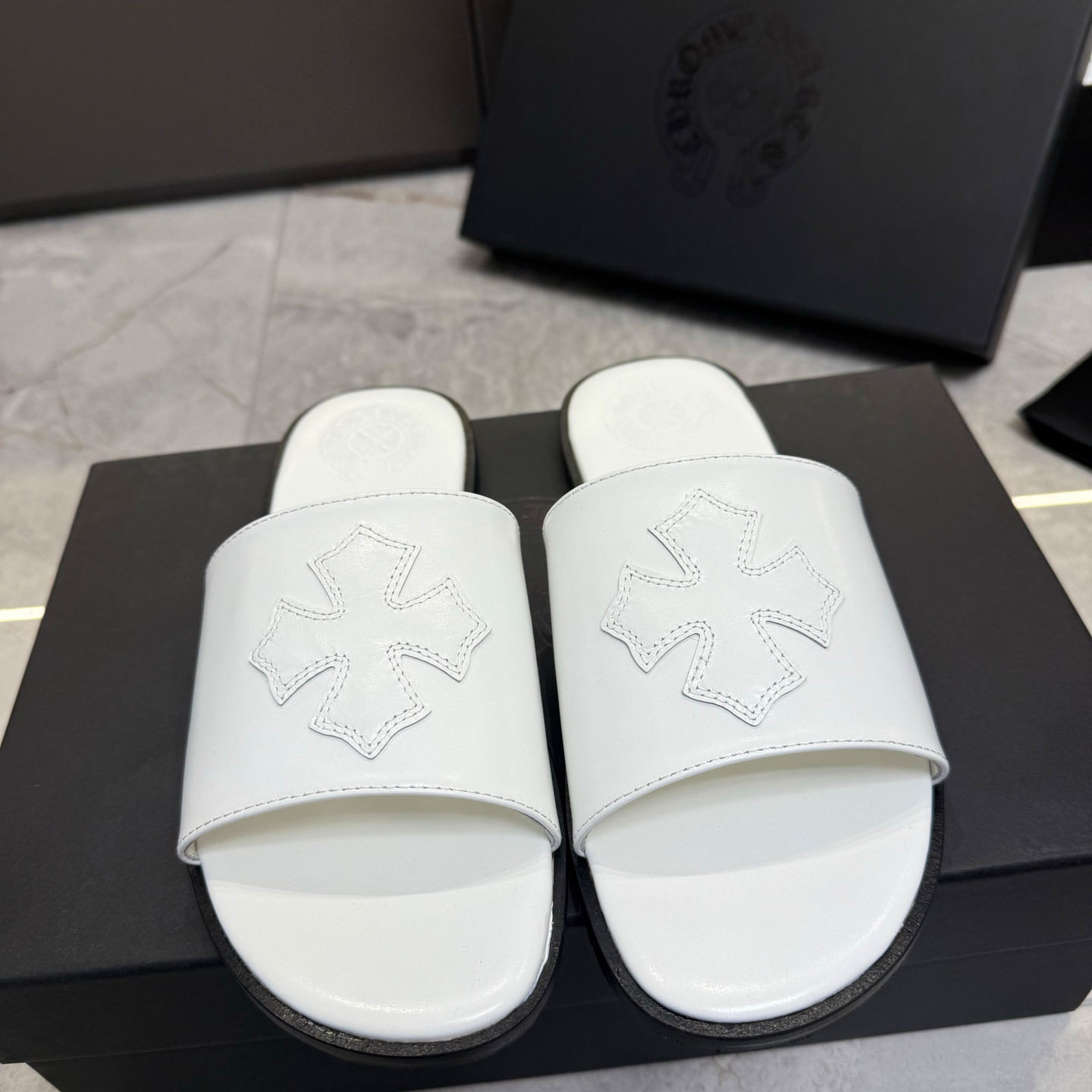 Chrome Hearts White Leather Slide Sandals - DopestKickz