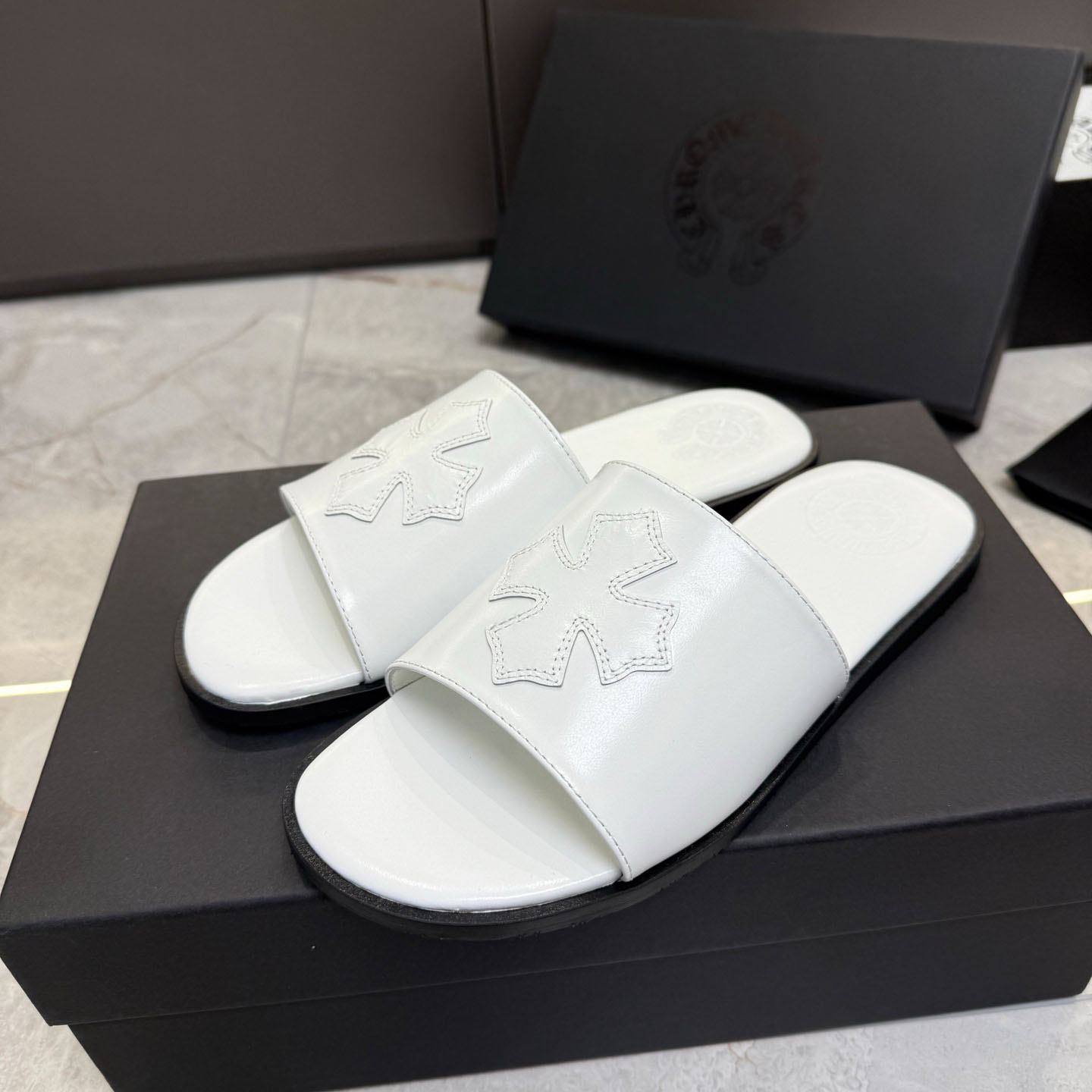 Chrome Hearts White Leather Slide Sandals - DopestKickz