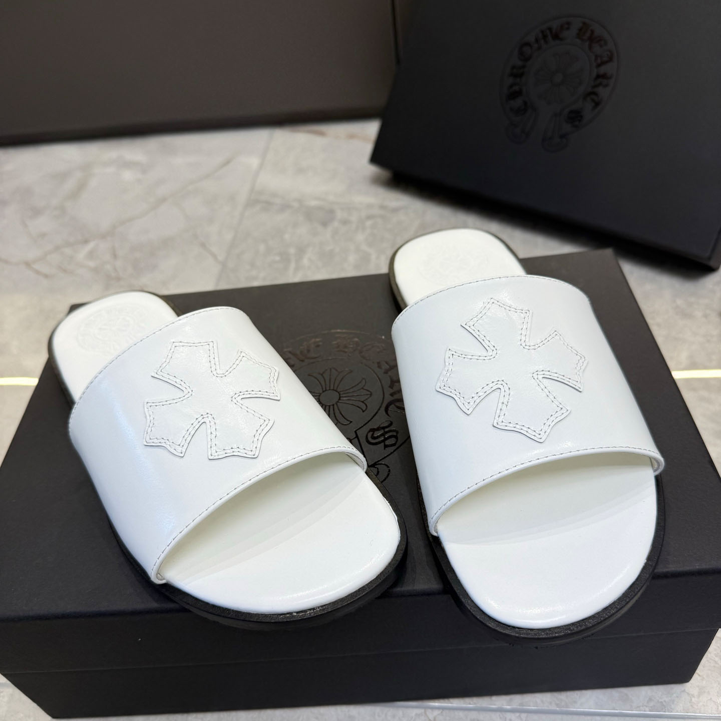 Chrome Hearts White Leather Slide Sandals - DopestKickz