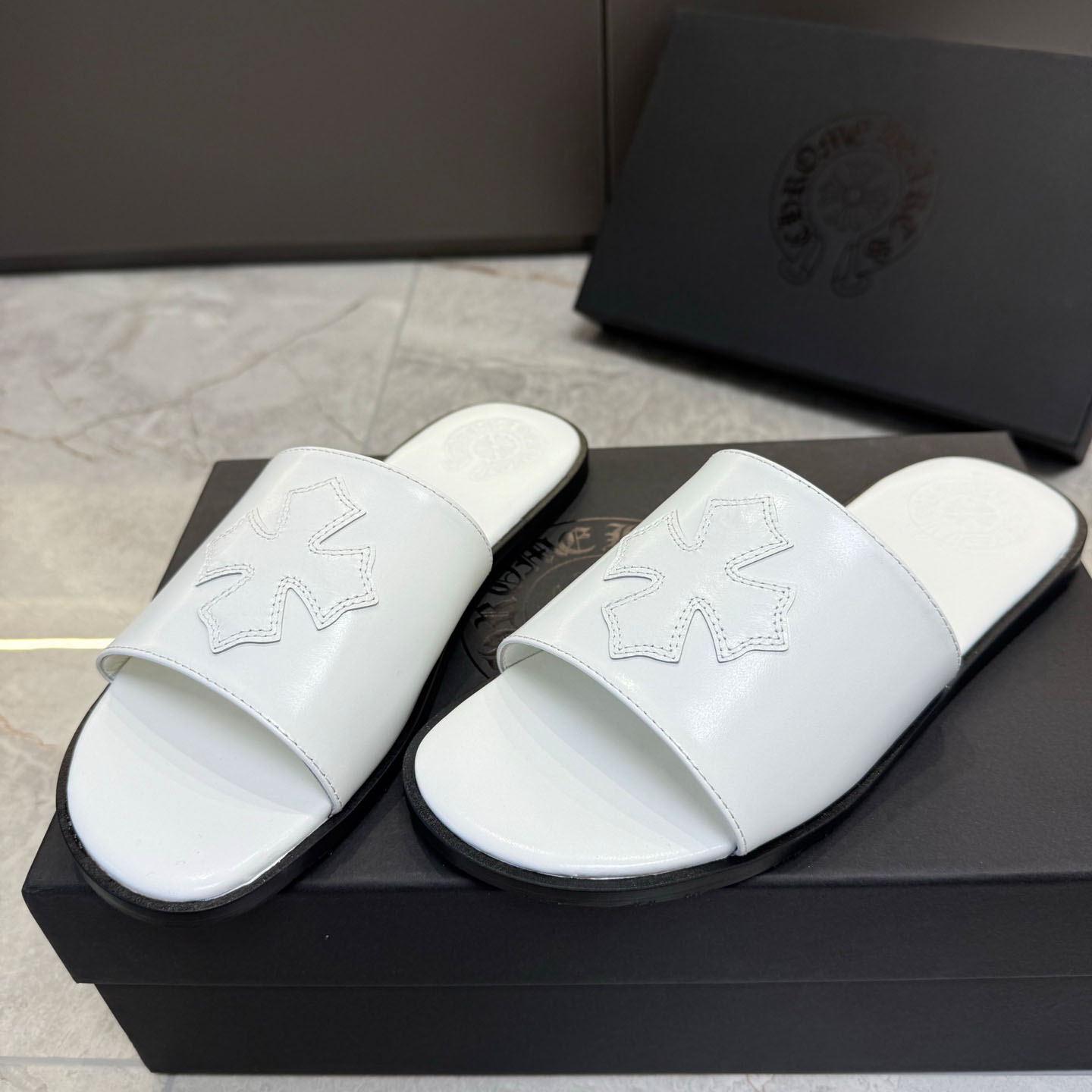 Chrome Hearts White Leather Slide Sandals - DopestKickz