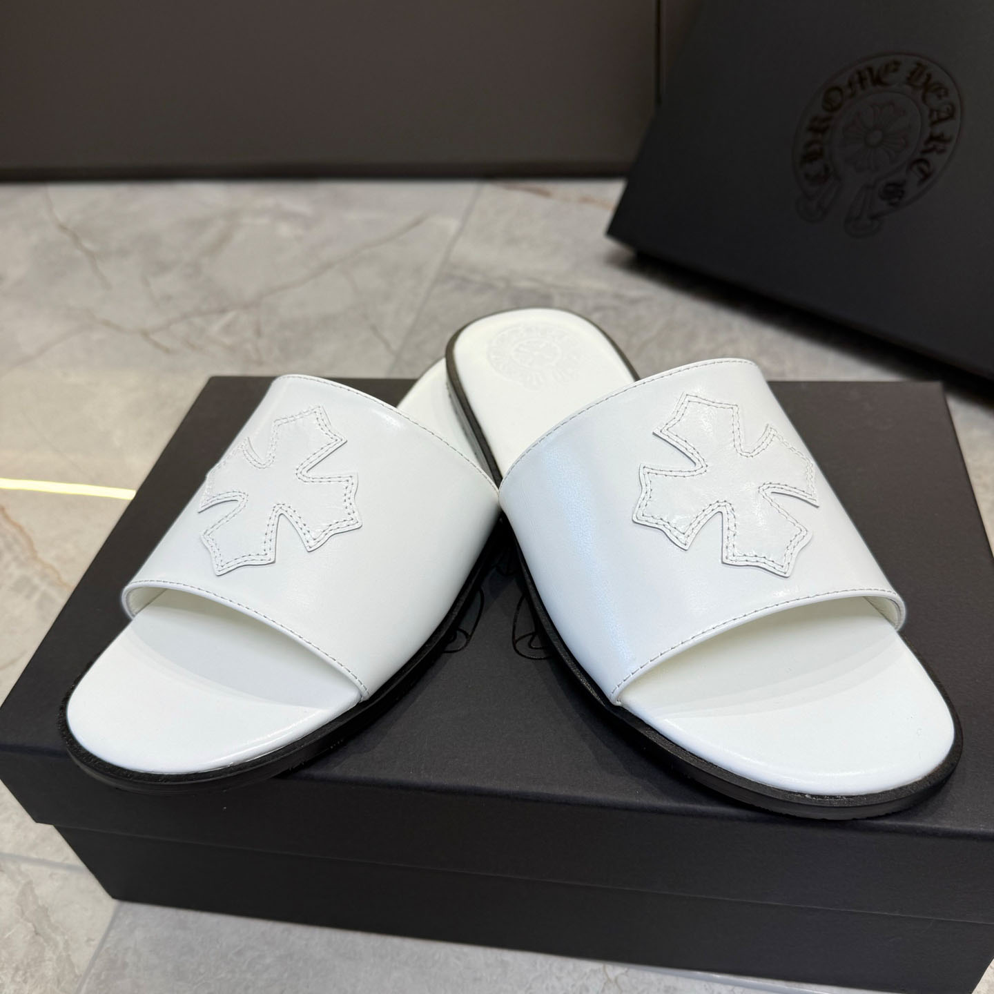 Chrome Hearts White Leather Slide Sandals - DopestKickz