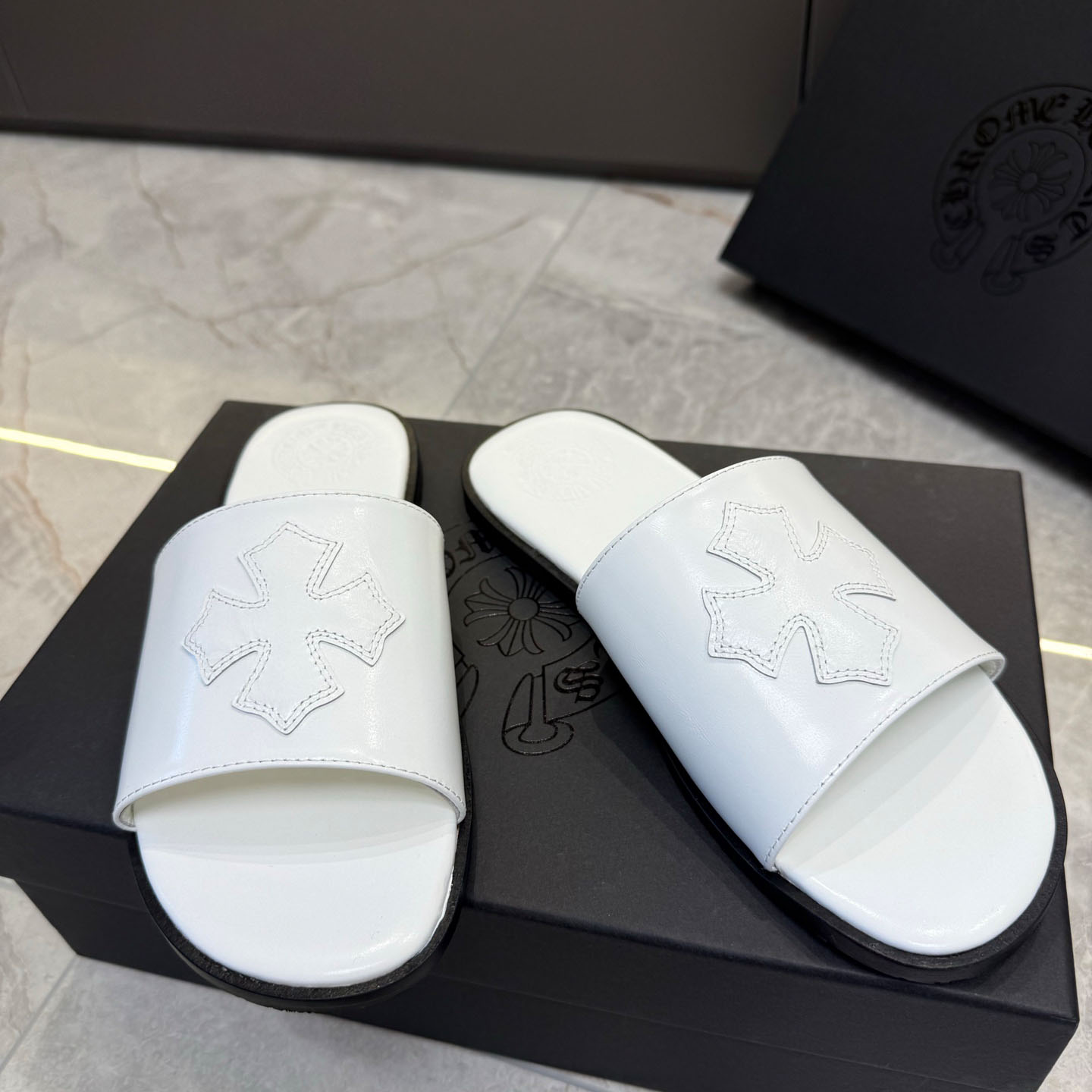 Chrome Hearts White Leather Slide Sandals - DopestKickz
