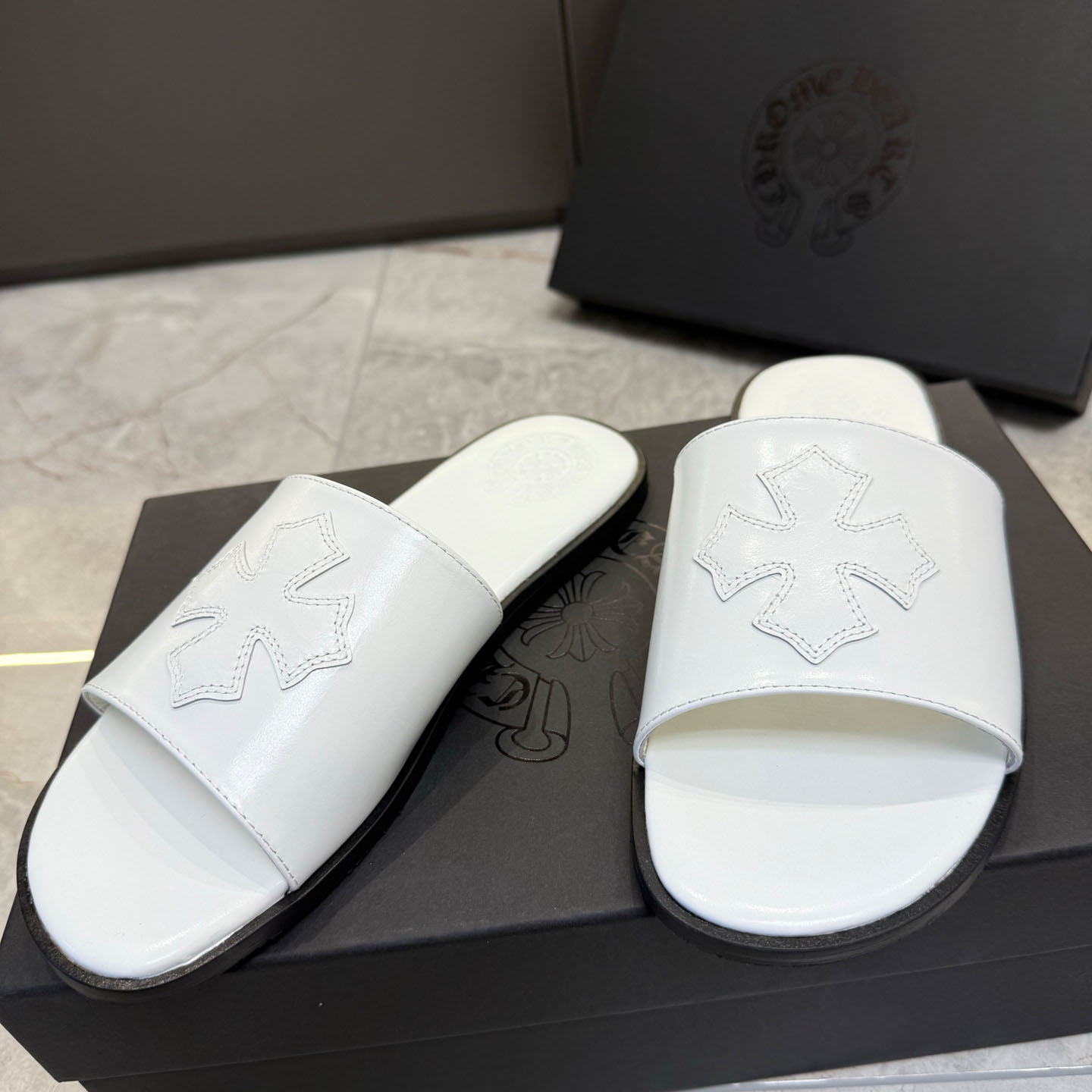 Chrome Hearts White Leather Slide Sandals - DopestKickz