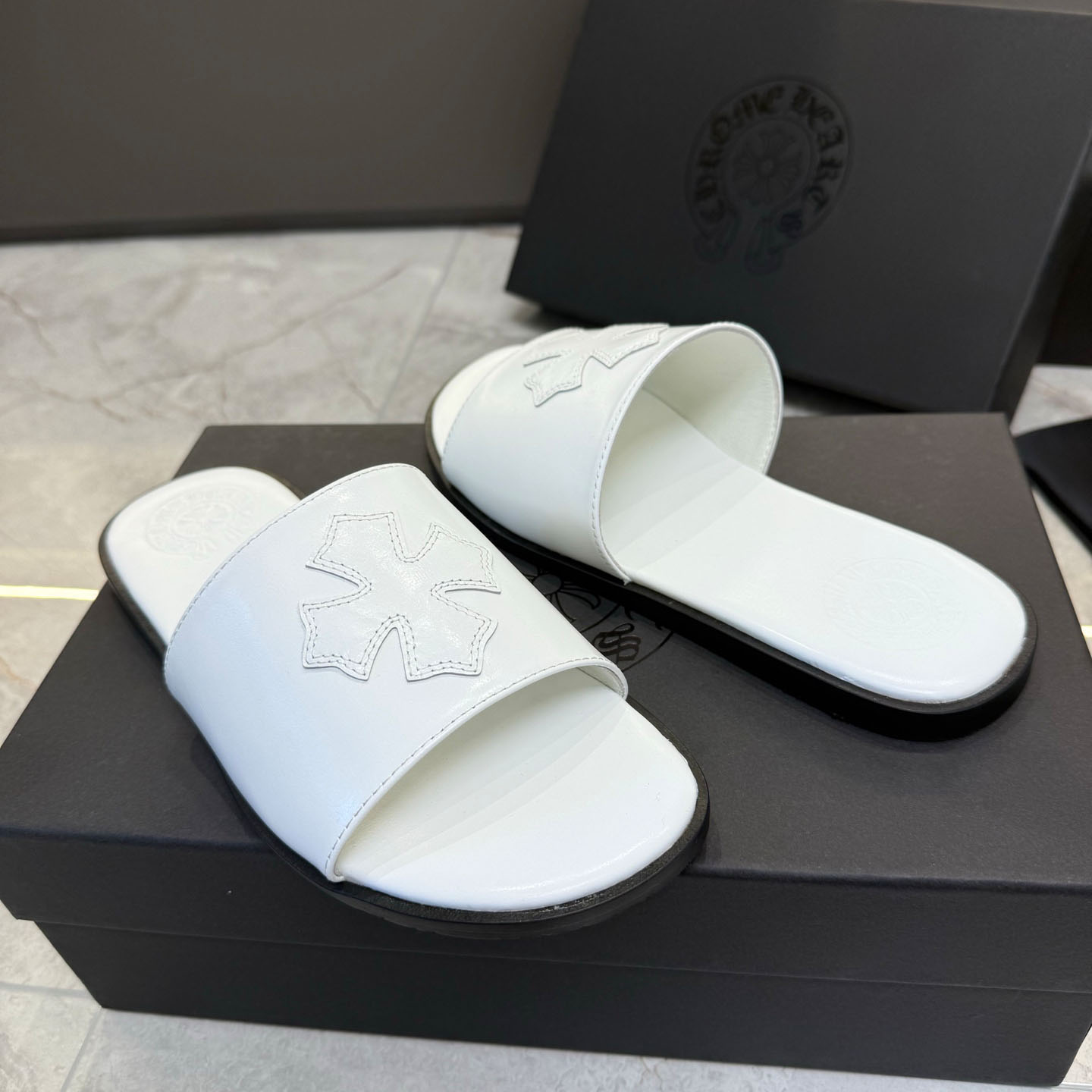 Chrome Hearts White Leather Slide Sandals - DopestKickz