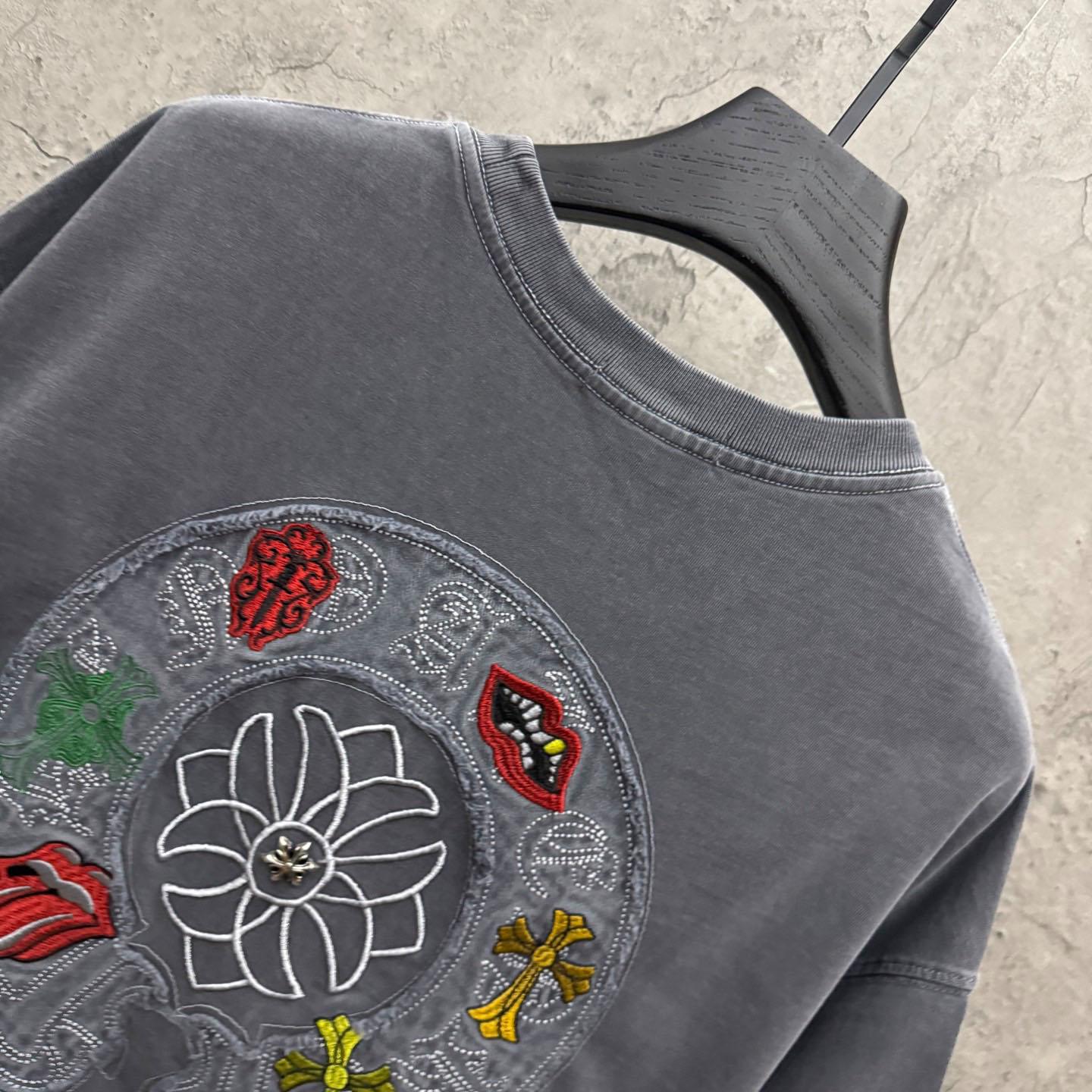 Chrome Hearts Horseshoe Cross Lips Patch Embroidered Crewneck Tee 'Grey' - DopestKickz