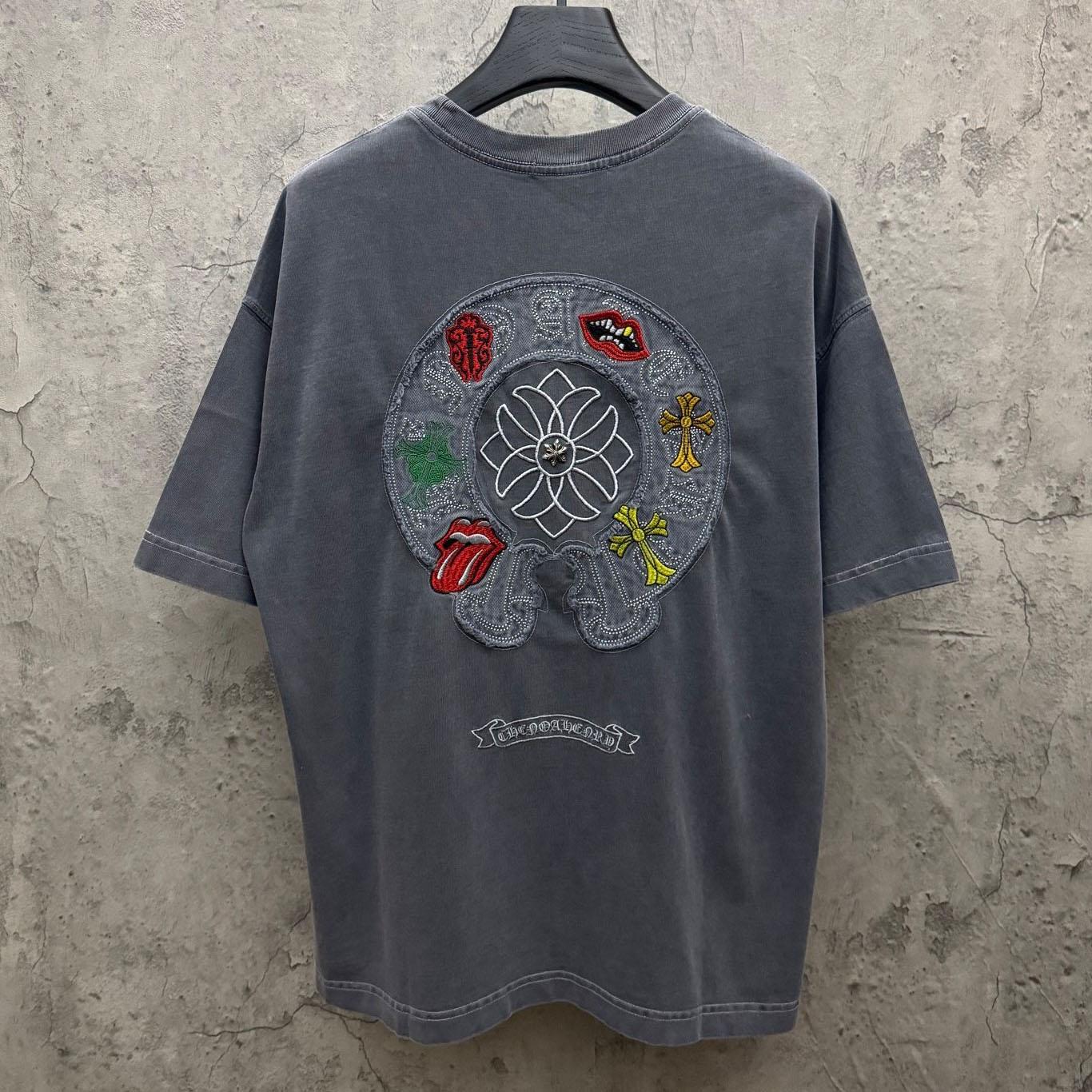 Chrome Hearts Horseshoe Cross Lips Patch Embroidered Crewneck Tee 'Grey' - DopestKickz