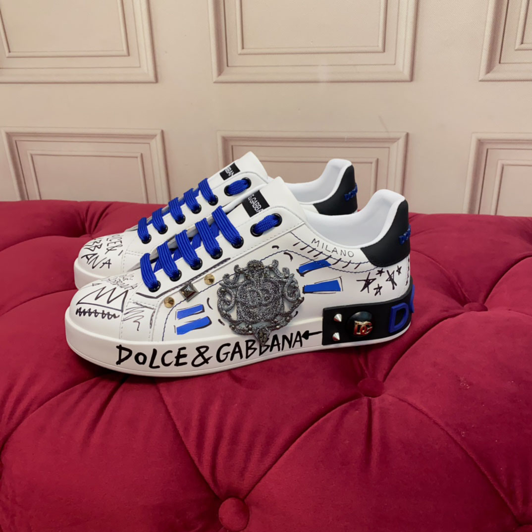 Dolce & Gabbana Calfskin Portofino Sneakers With Patch - DopestKickz