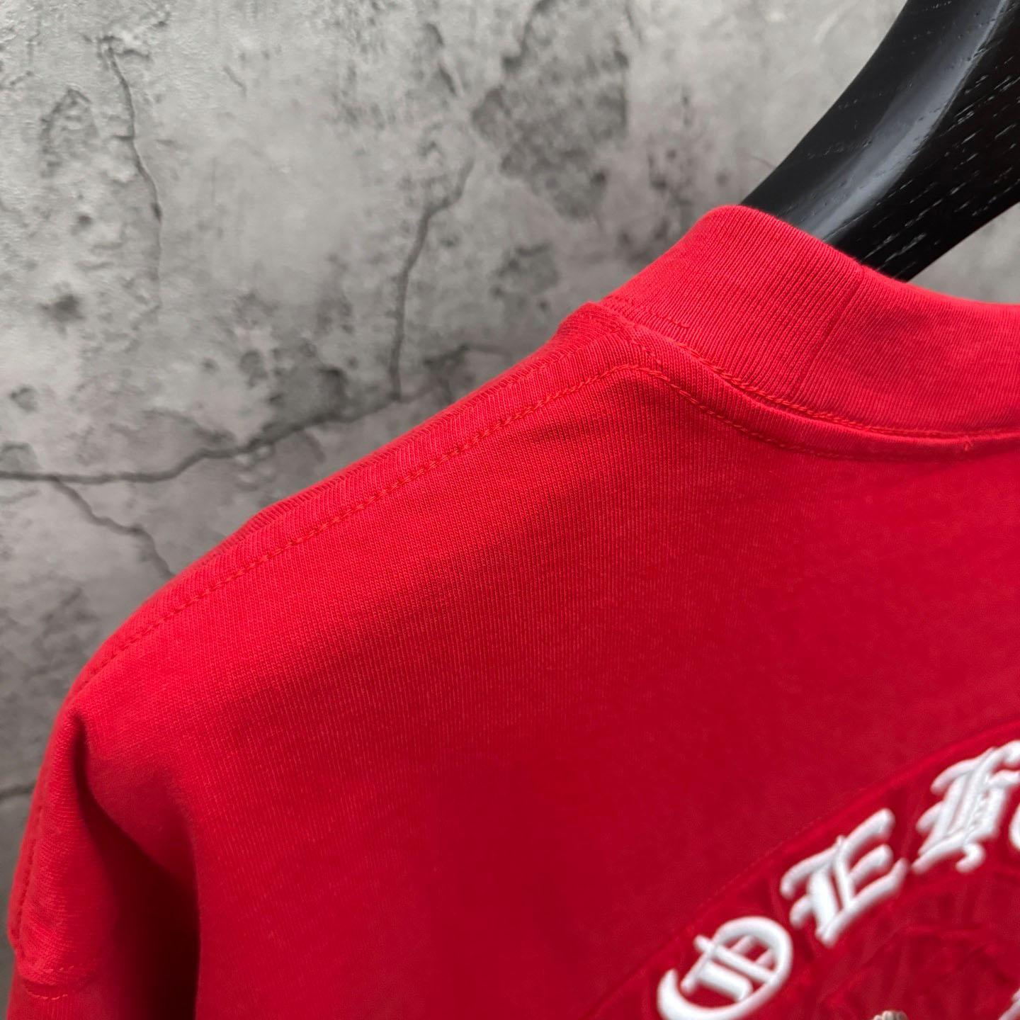 Chrome Hearts Red Sanskrit Horseshoe Embroidered  T-Shirt - DopestKickz
