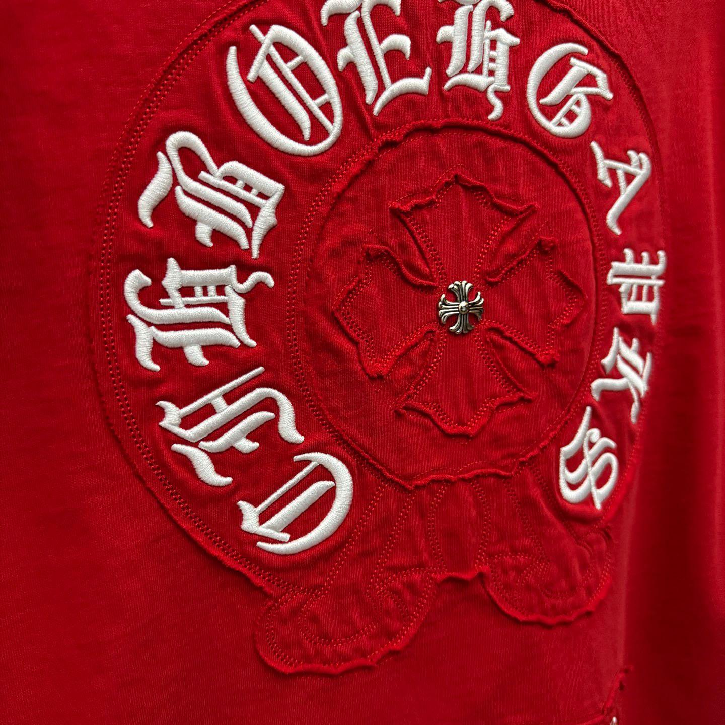 Chrome Hearts Red Sanskrit Horseshoe Embroidered  T-Shirt - DopestKickz