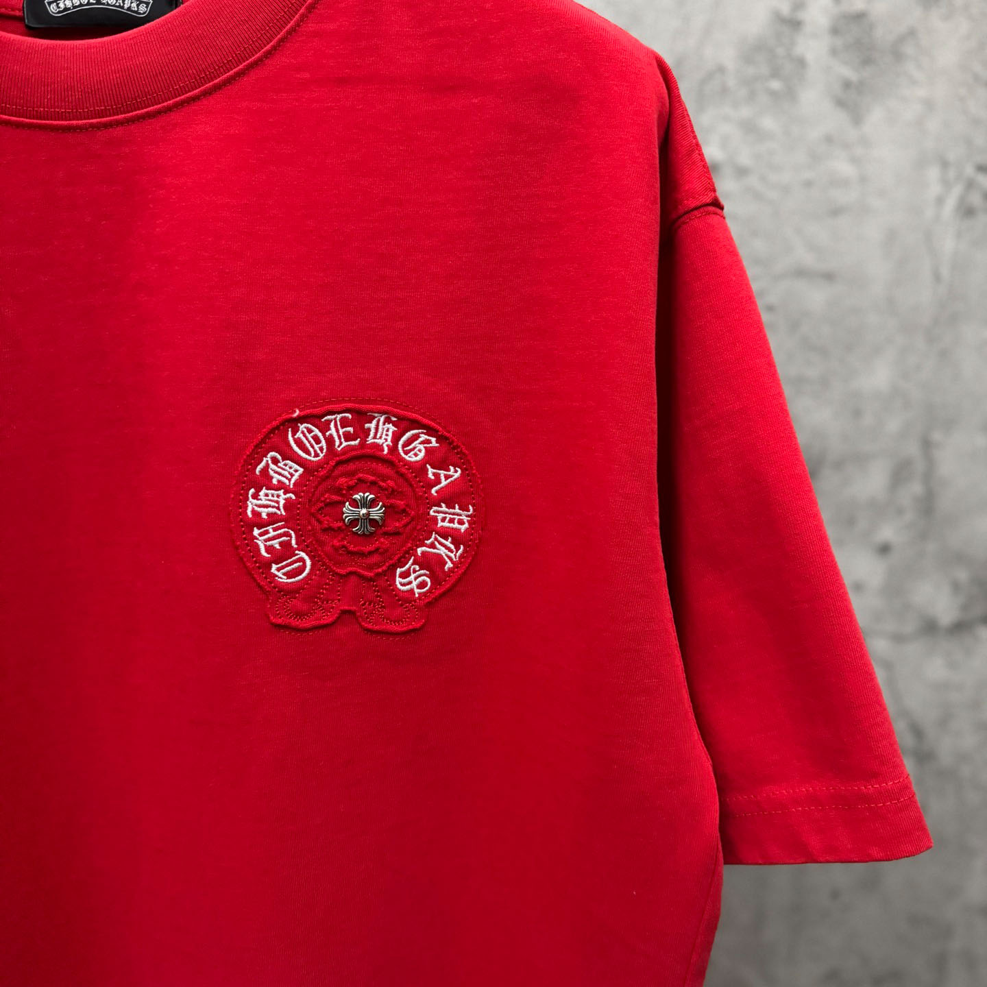 Chrome Hearts Red Sanskrit Horseshoe Embroidered  T-Shirt - DopestKickz