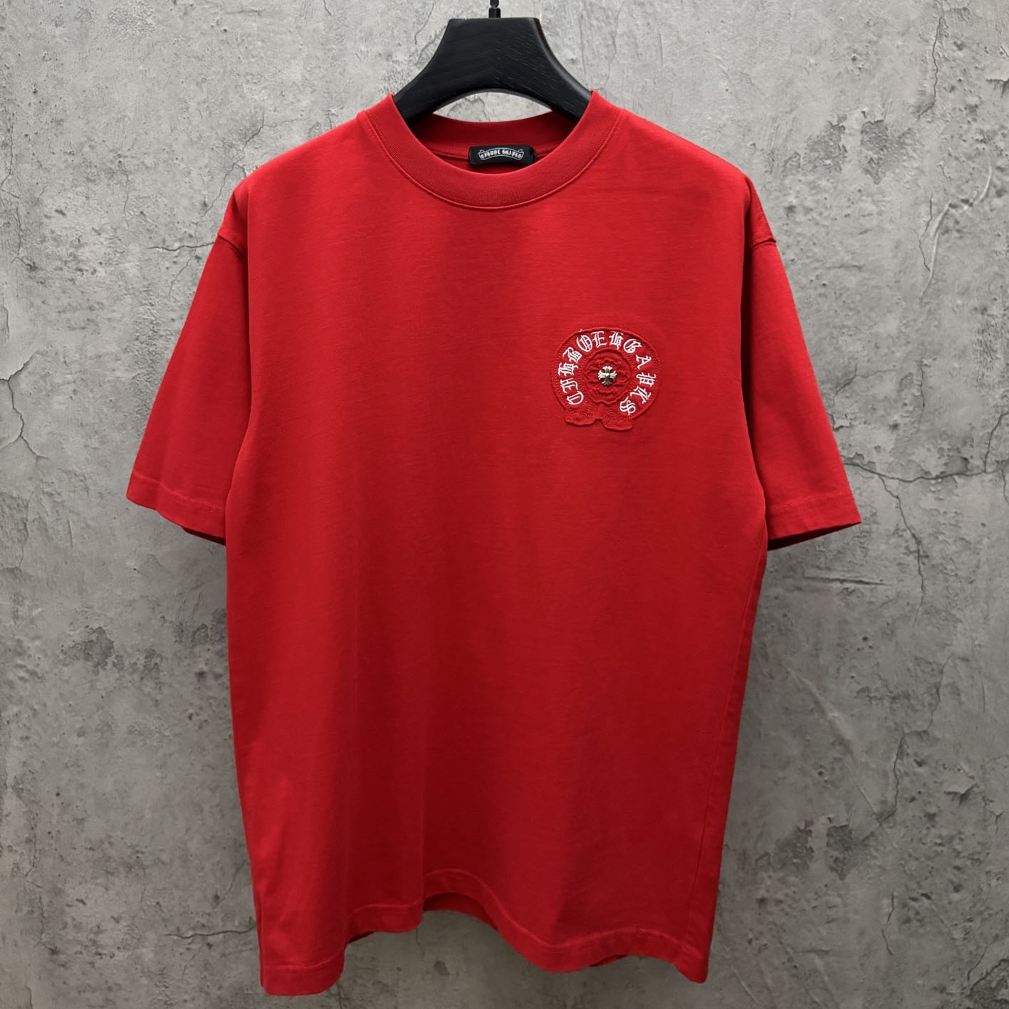 Chrome Hearts Red Sanskrit Horseshoe Embroidered  T-Shirt - DopestKickz