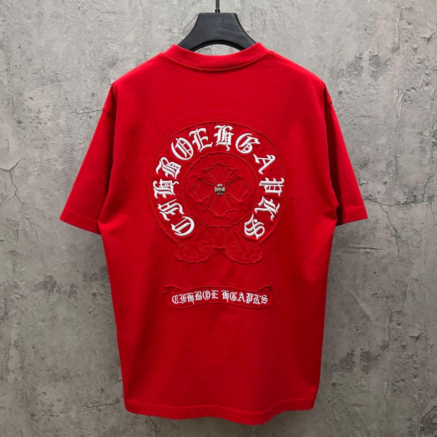 Chrome Hearts Red Sanskrit Horseshoe Embroidered  T-Shirt - DopestKickz