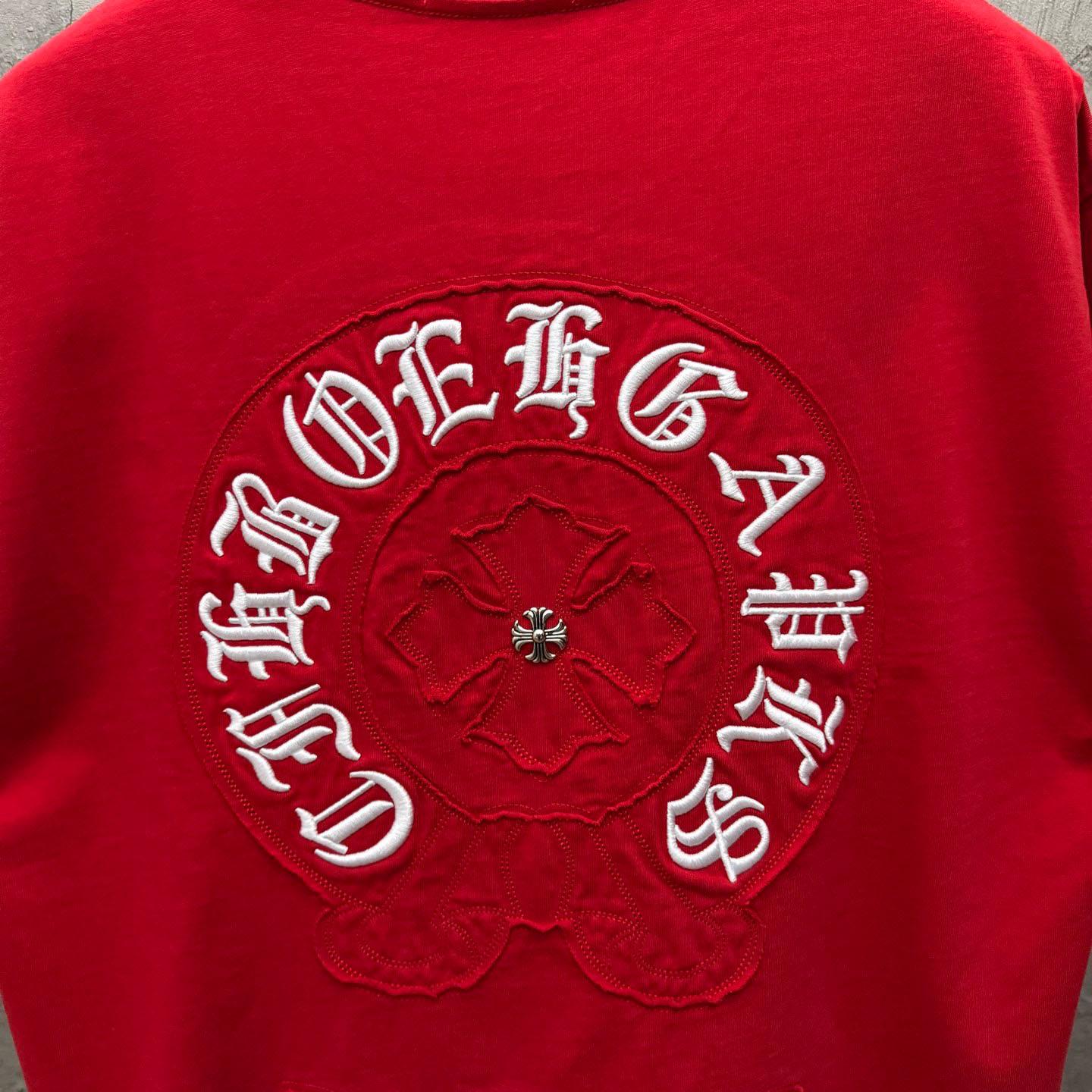 Chrome Hearts Red Sanskrit Horseshoe Embroidered  T-Shirt - DopestKickz