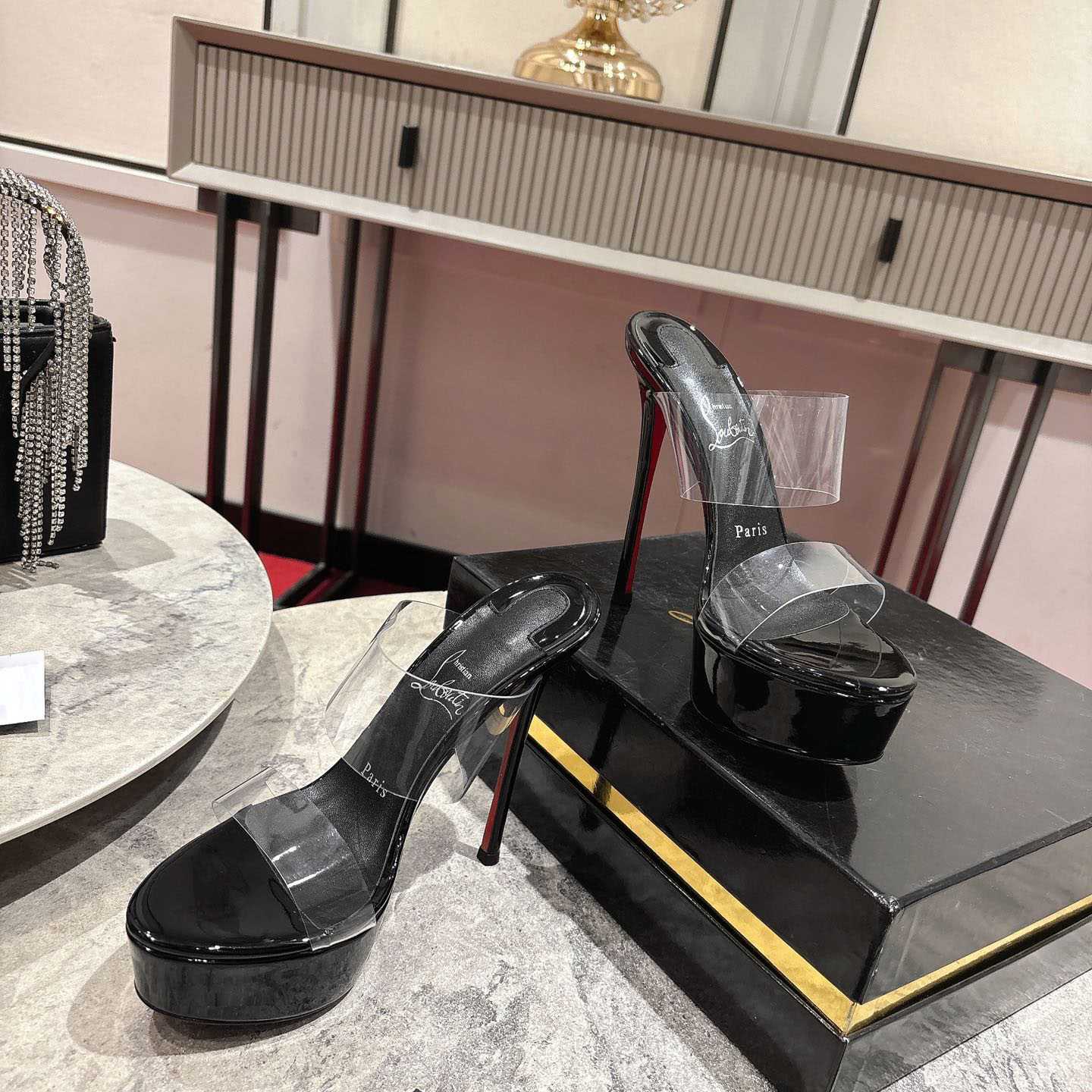 Christian Louboutin 150 MM Mules  TPU And Patent Calf Leather - Black  - DopestKickz