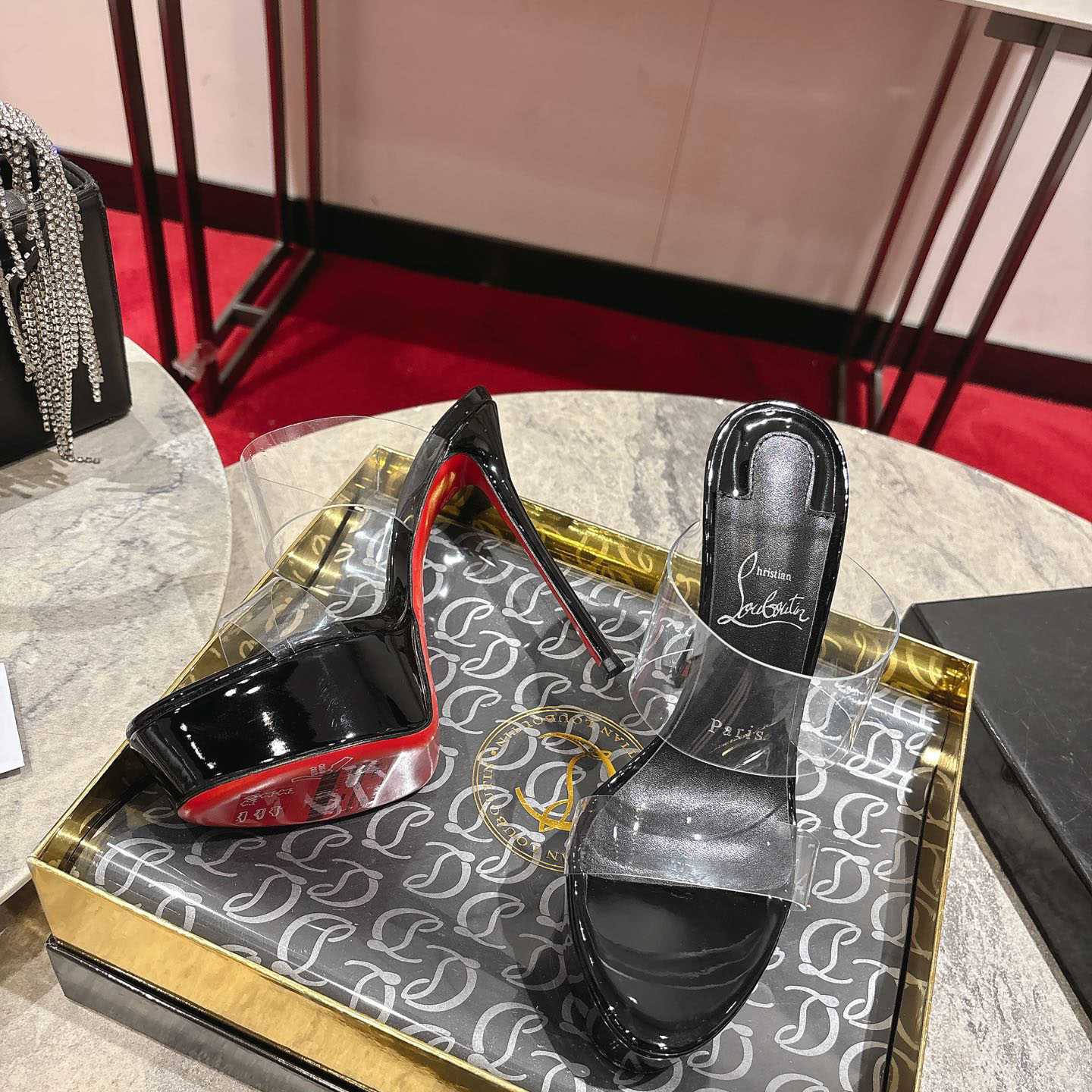 Christian Louboutin 150 MM Mules  TPU And Patent Calf Leather - Black  - DopestKickz