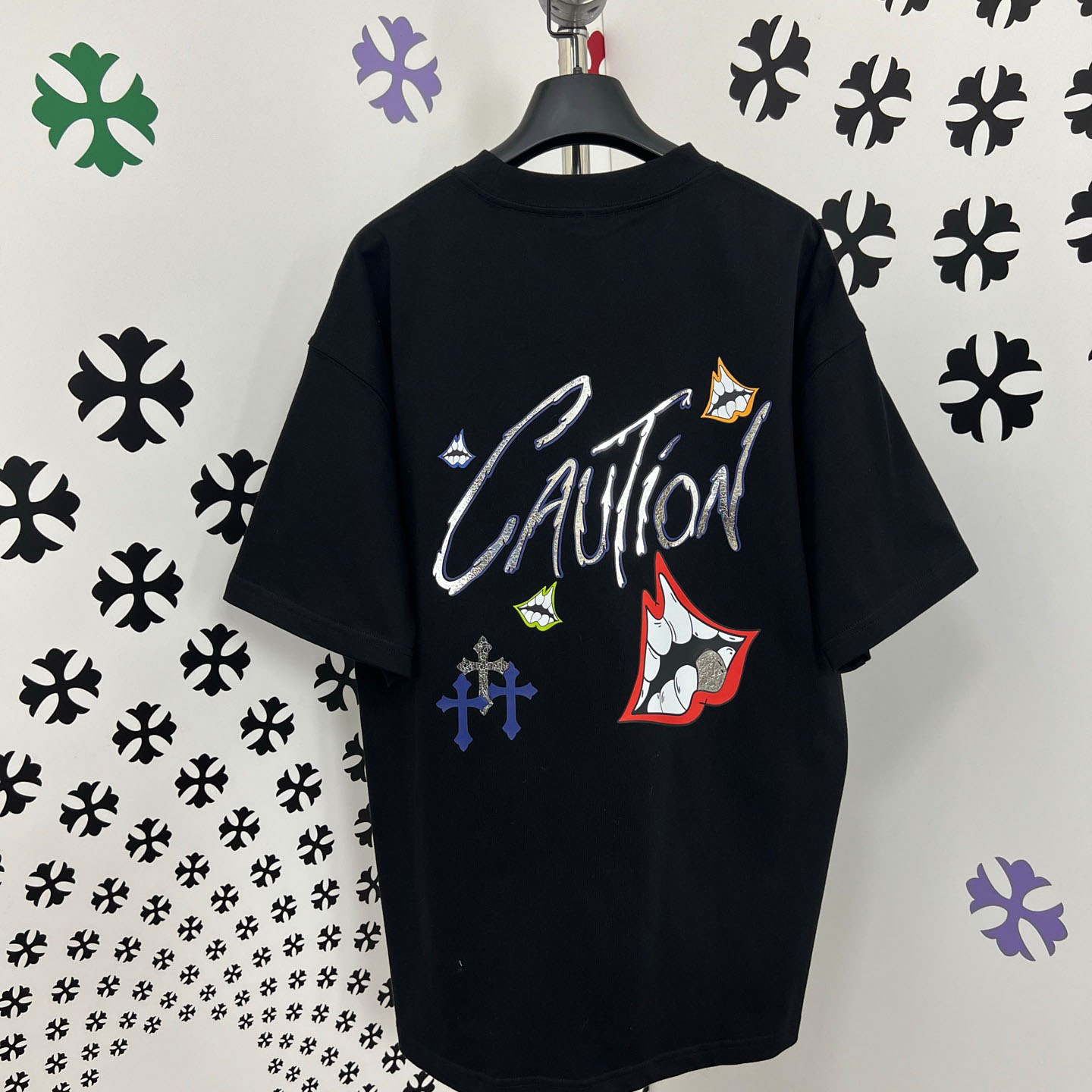 Chrome Hearts Double-Sided CAUTION Script Lips Cross Print Tee - DopestKickz