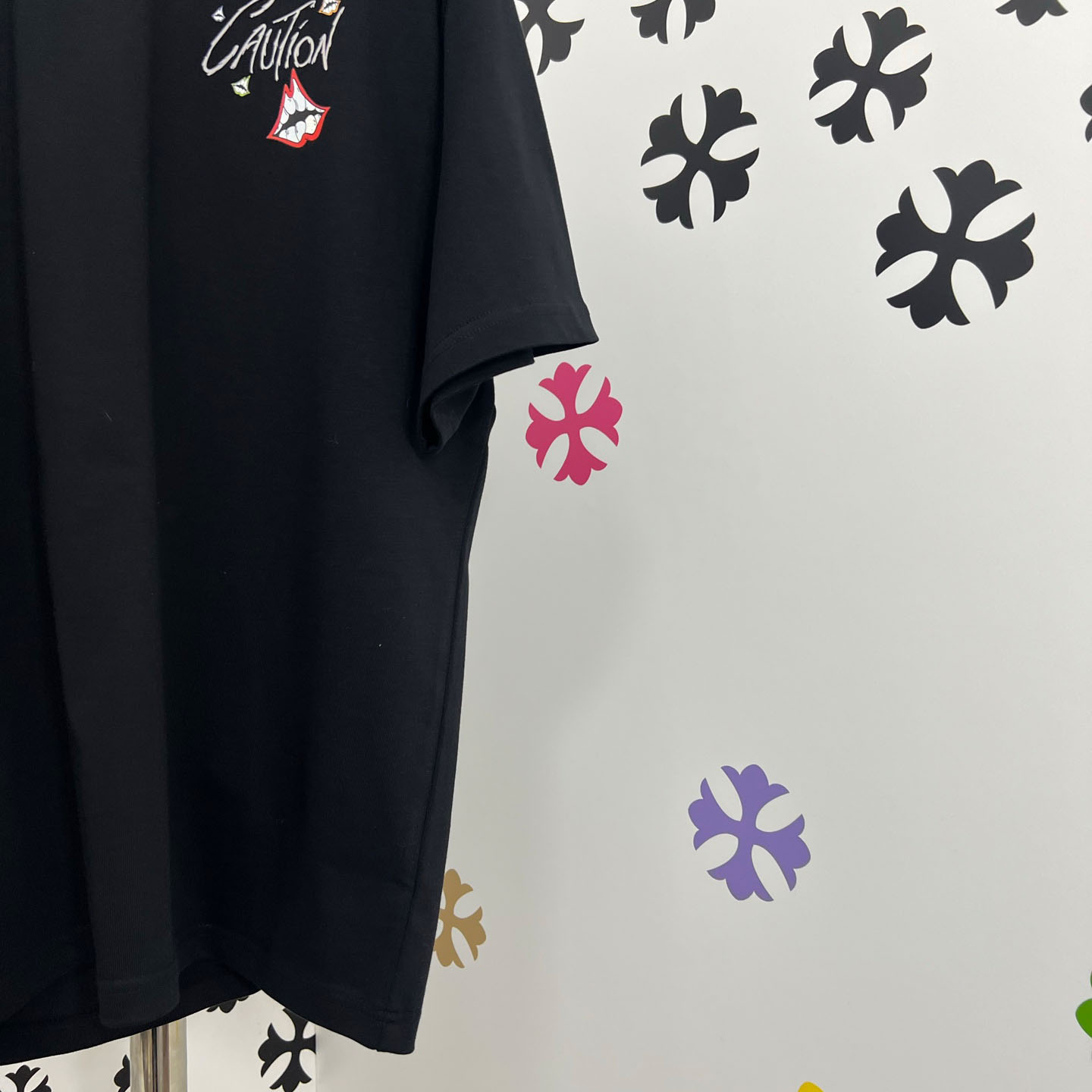 Chrome Hearts Double-Sided CAUTION Script Lips Cross Print Tee - DopestKickz