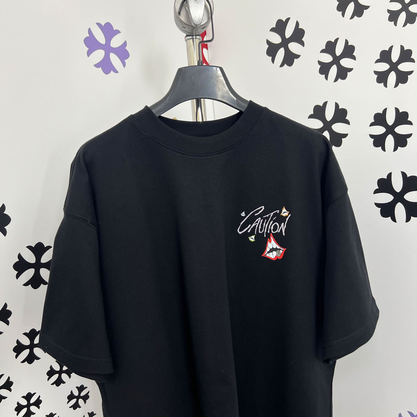 Chrome Hearts Double-Sided CAUTION Script Lips Cross Print Tee - DopestKickz