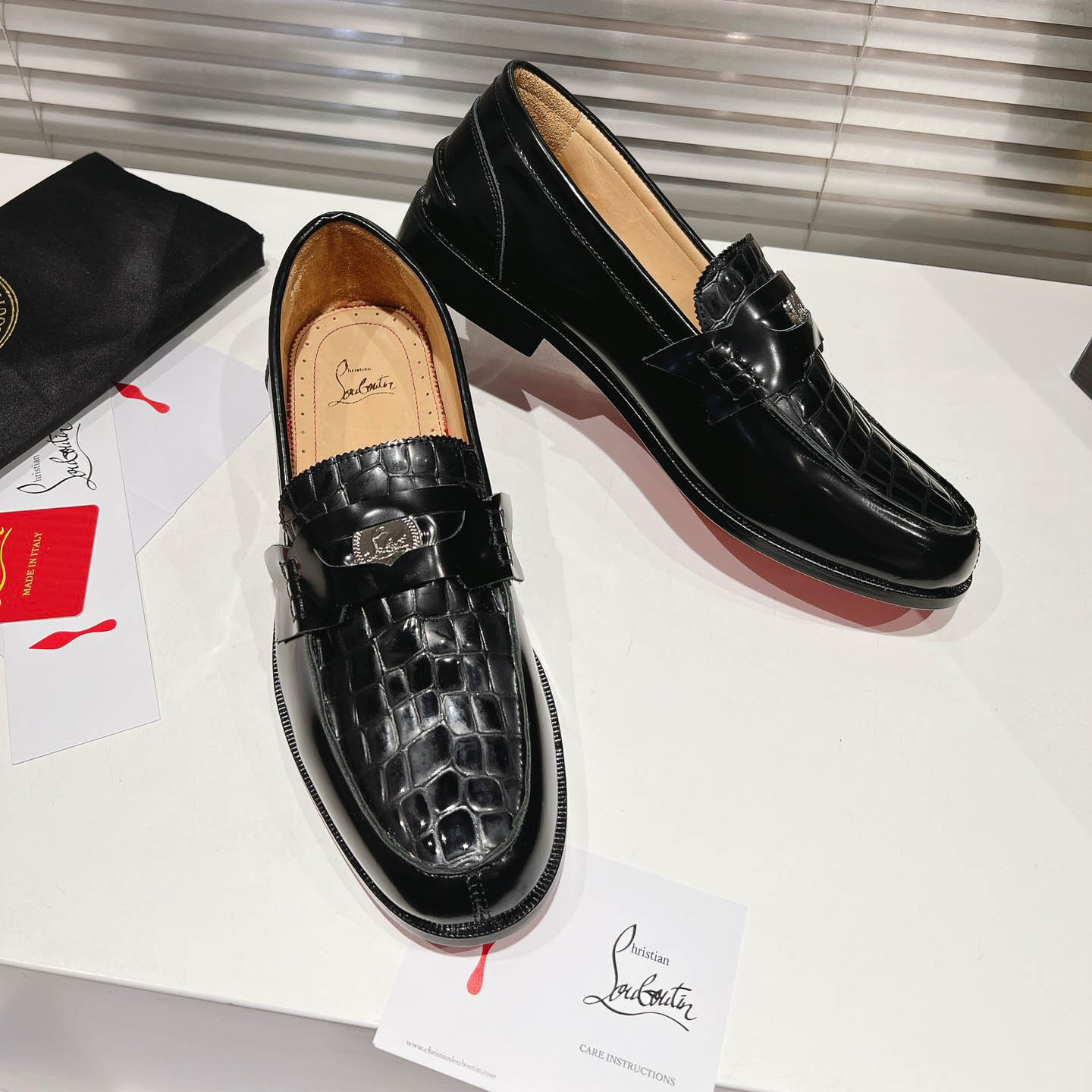 Christian Louboutin Chambelimoc Alligator-Print Embossed Loafers - DopestKickz