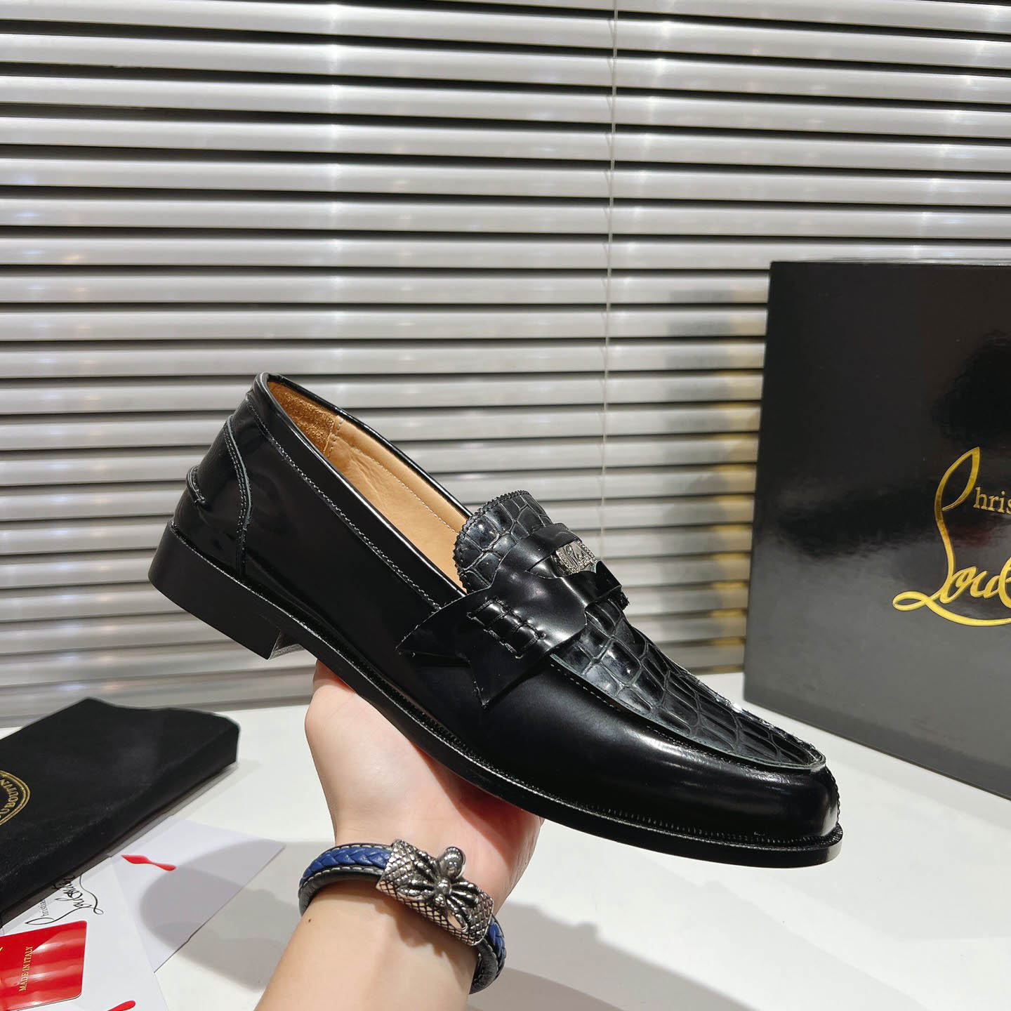 Christian Louboutin Chambelimoc Alligator-Print Embossed Loafers - DopestKickz