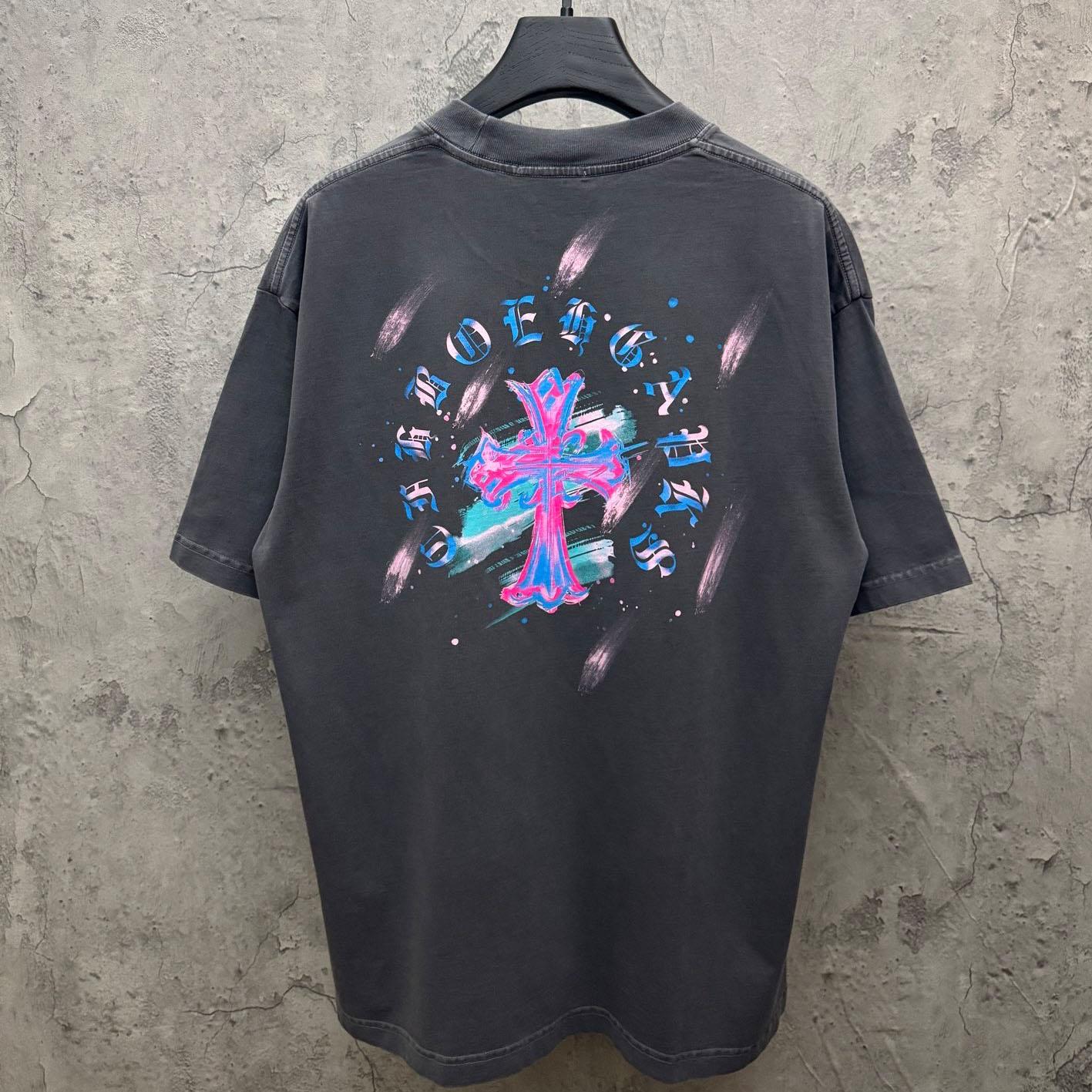 Chrome Hearts Watercolor Graffiti Cross Print Crew Neck T-Shirt - DopestKickz