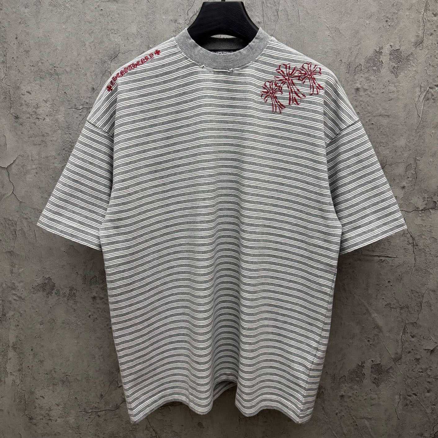Chrome Hearts Striped Cross Sanskrit Embroidery Crew Neck T-Shirt - DopestKickz
