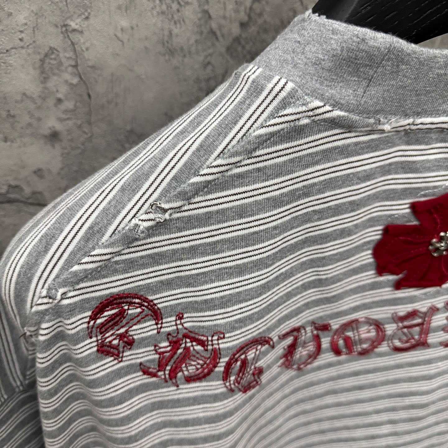 Chrome Hearts Striped Cross Sanskrit Embroidery Crew Neck T-Shirt - DopestKickz