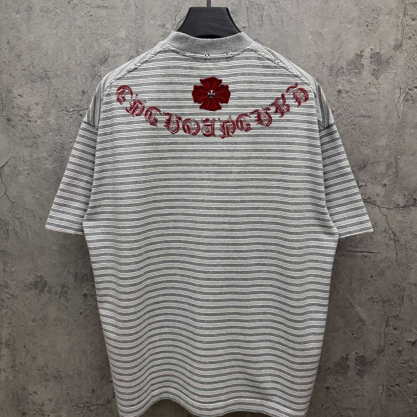 Chrome Hearts Striped Cross Sanskrit Embroidery Crew Neck T-Shirt - DopestKickz