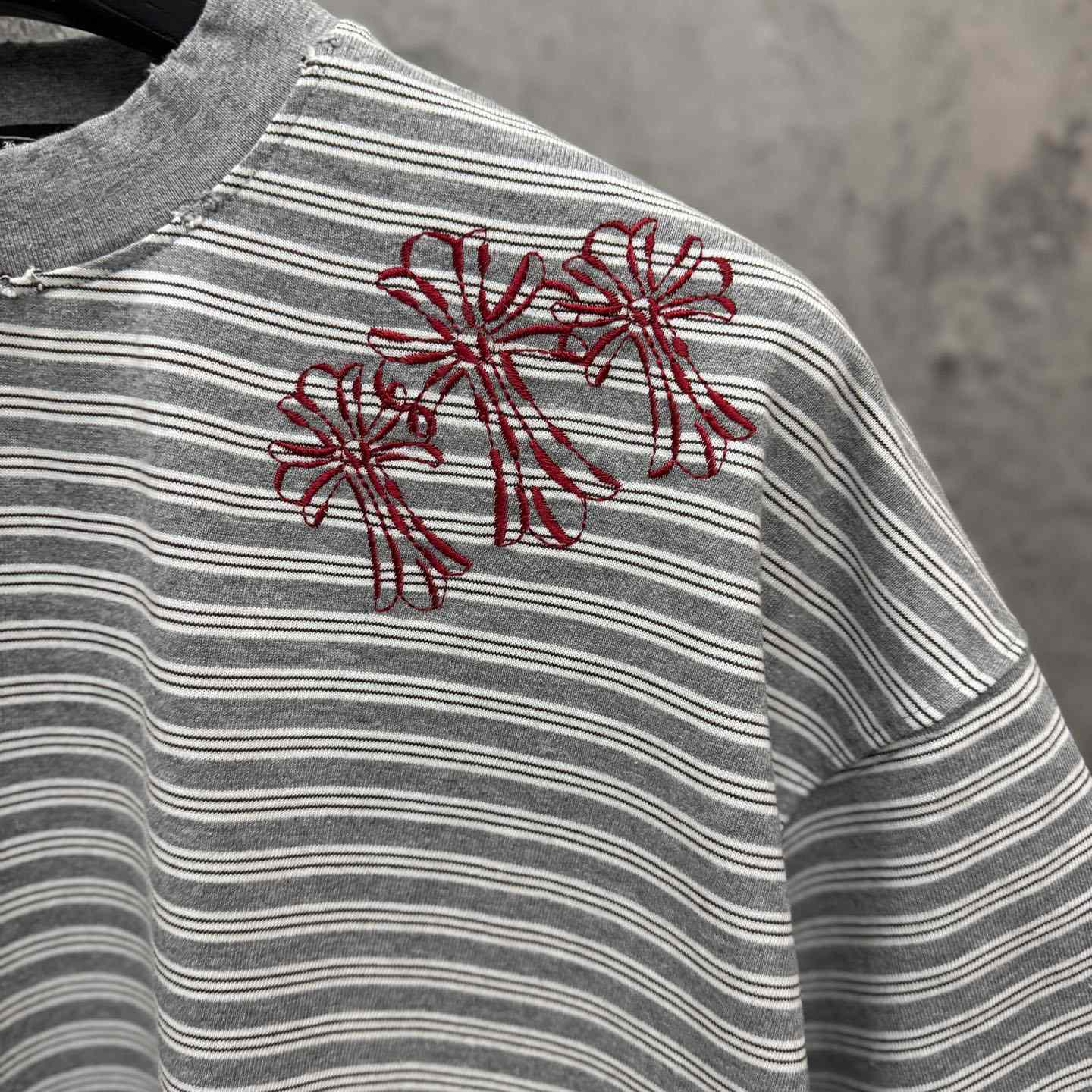 Chrome Hearts Striped Cross Sanskrit Embroidery Crew Neck T-Shirt - DopestKickz