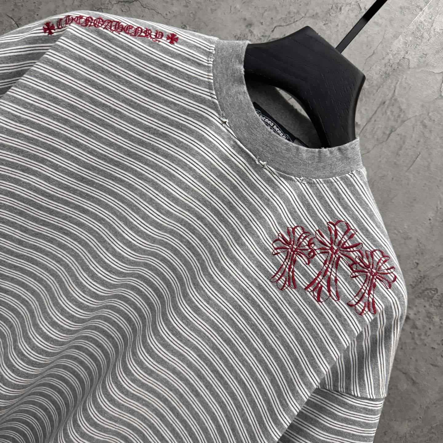 Chrome Hearts Striped Cross Sanskrit Embroidery Crew Neck T-Shirt - DopestKickz