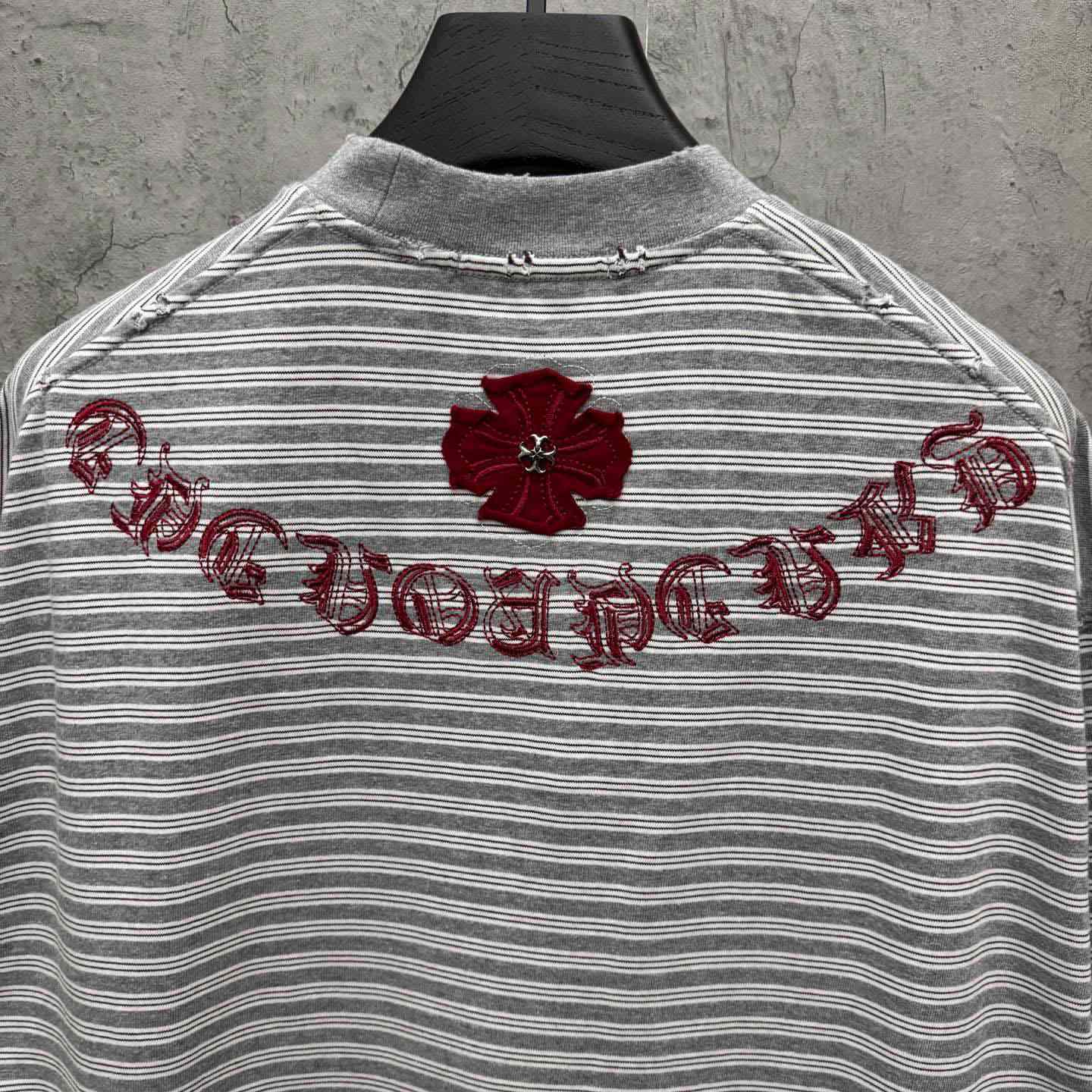 Chrome Hearts Striped Cross Sanskrit Embroidery Crew Neck T-Shirt - DopestKickz