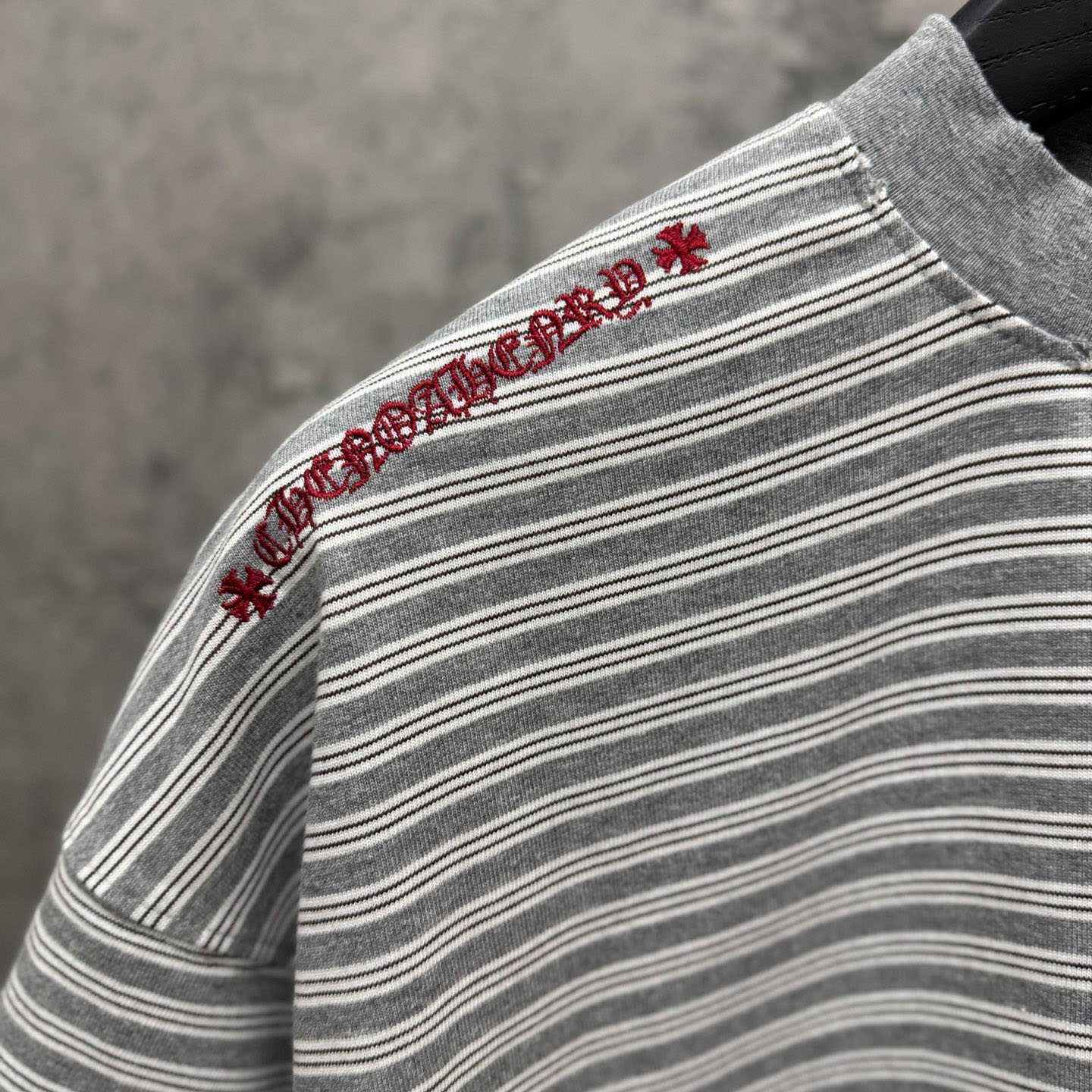 Chrome Hearts Striped Cross Sanskrit Embroidery Crew Neck T-Shirt - DopestKickz