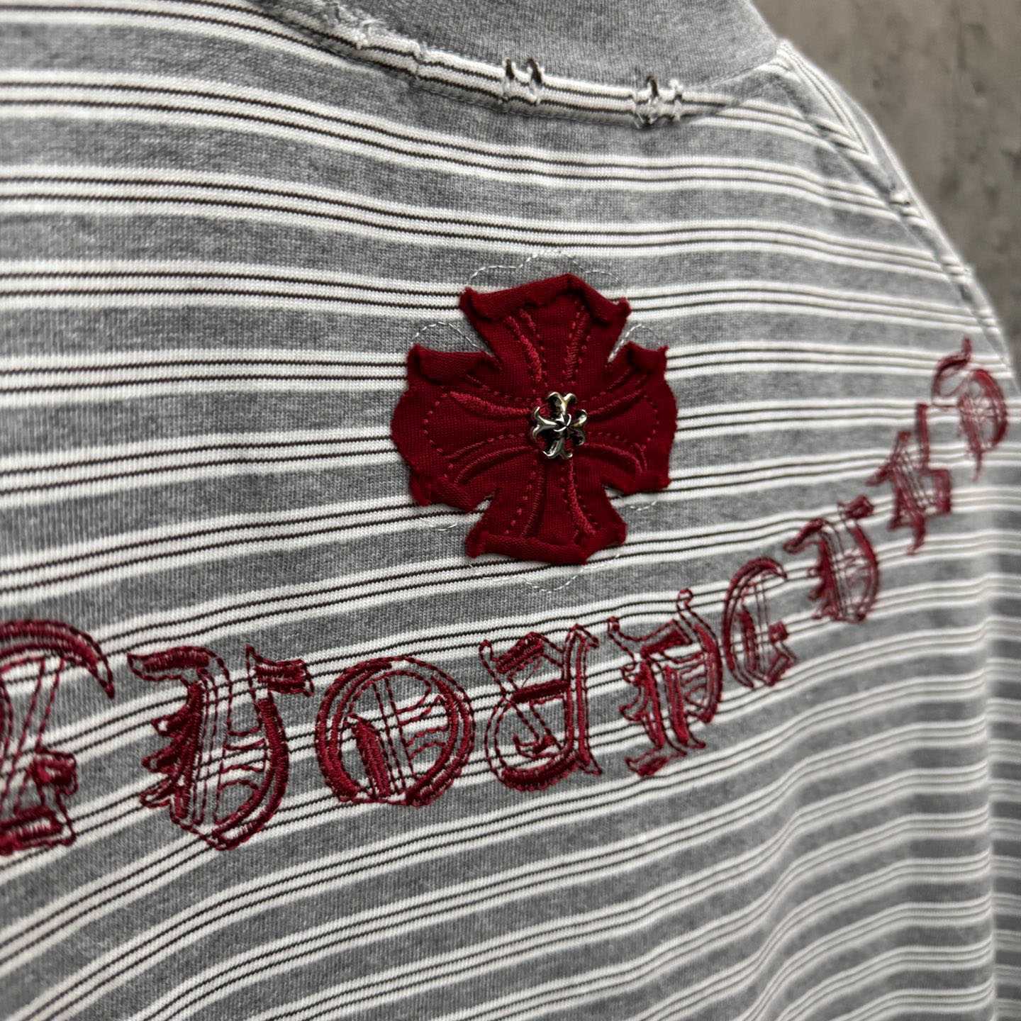 Chrome Hearts Striped Cross Sanskrit Embroidery Crew Neck T-Shirt - DopestKickz