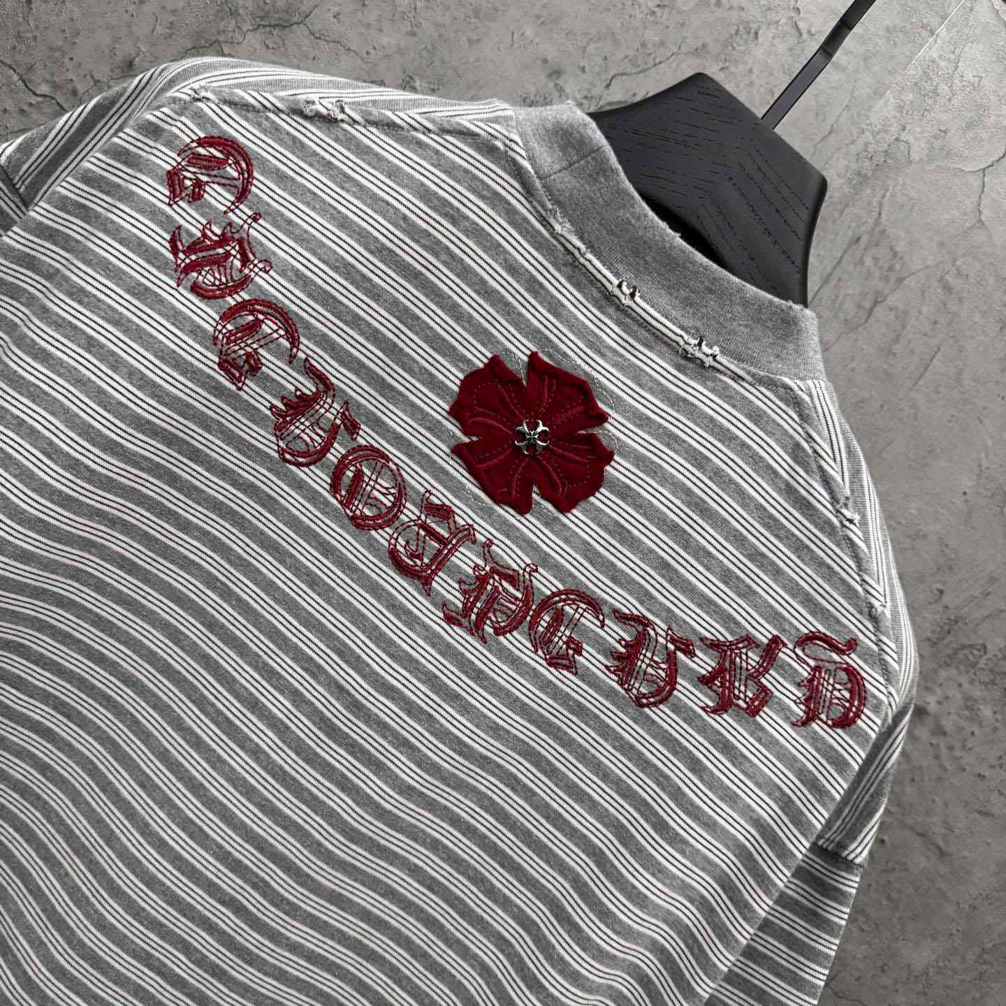Chrome Hearts Striped Cross Sanskrit Embroidery Crew Neck T-Shirt - DopestKickz