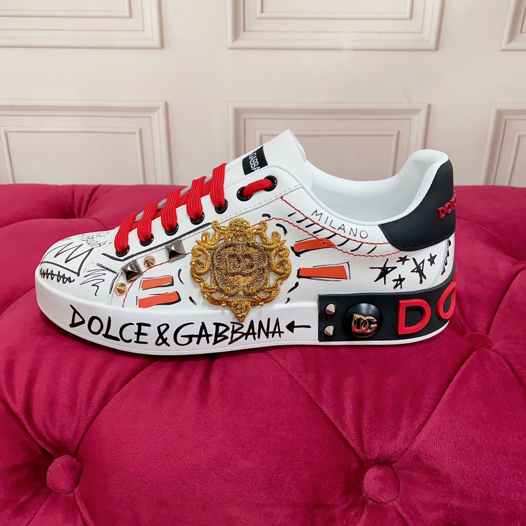 Dolce & Gabbana Calfskin Portofino Sneakers With Embroidery And Studs - DopestKickz