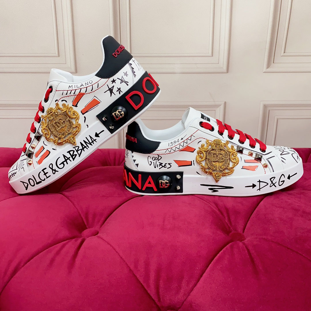 Dolce & Gabbana Calfskin Portofino Sneakers With Embroidery And Studs - DopestKickz