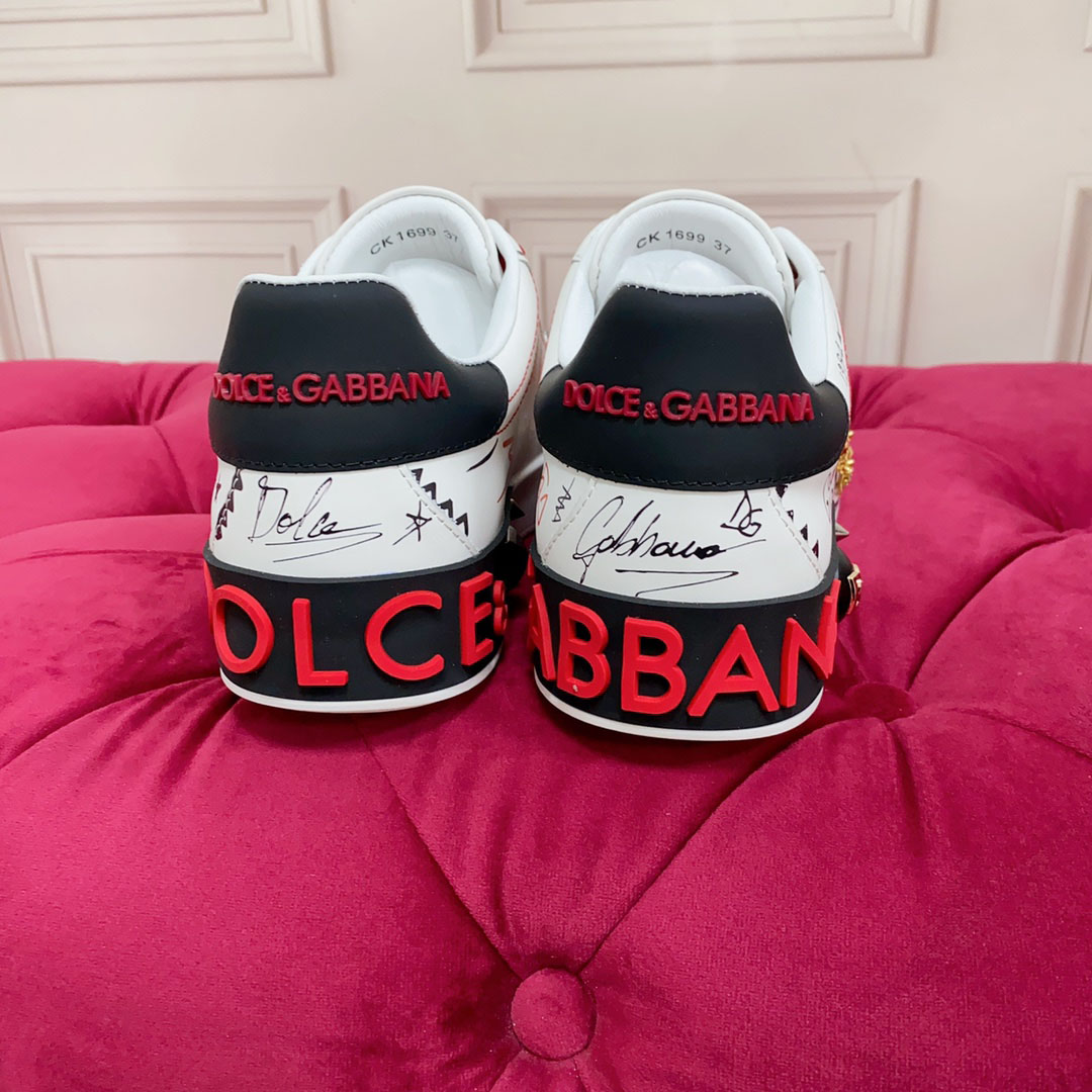Dolce & Gabbana Calfskin Portofino Sneakers With Embroidery And Studs - DopestKickz