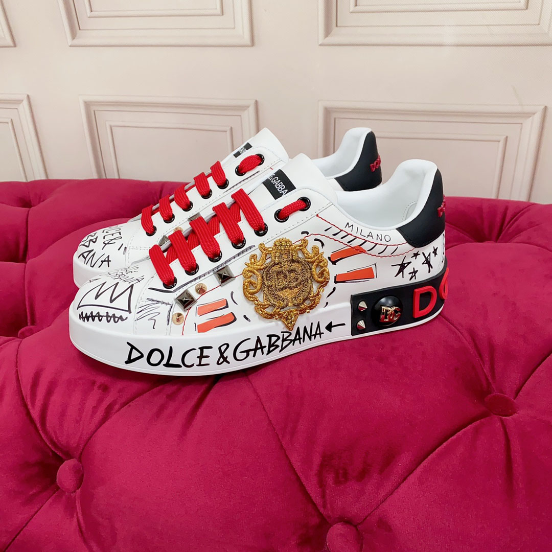 Dolce & Gabbana Calfskin Portofino Sneakers With Embroidery And Studs - DopestKickz