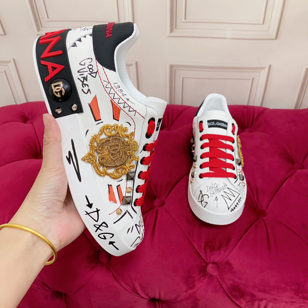 Dolce & Gabbana Calfskin Portofino Sneakers With Embroidery And Studs - DopestKickz