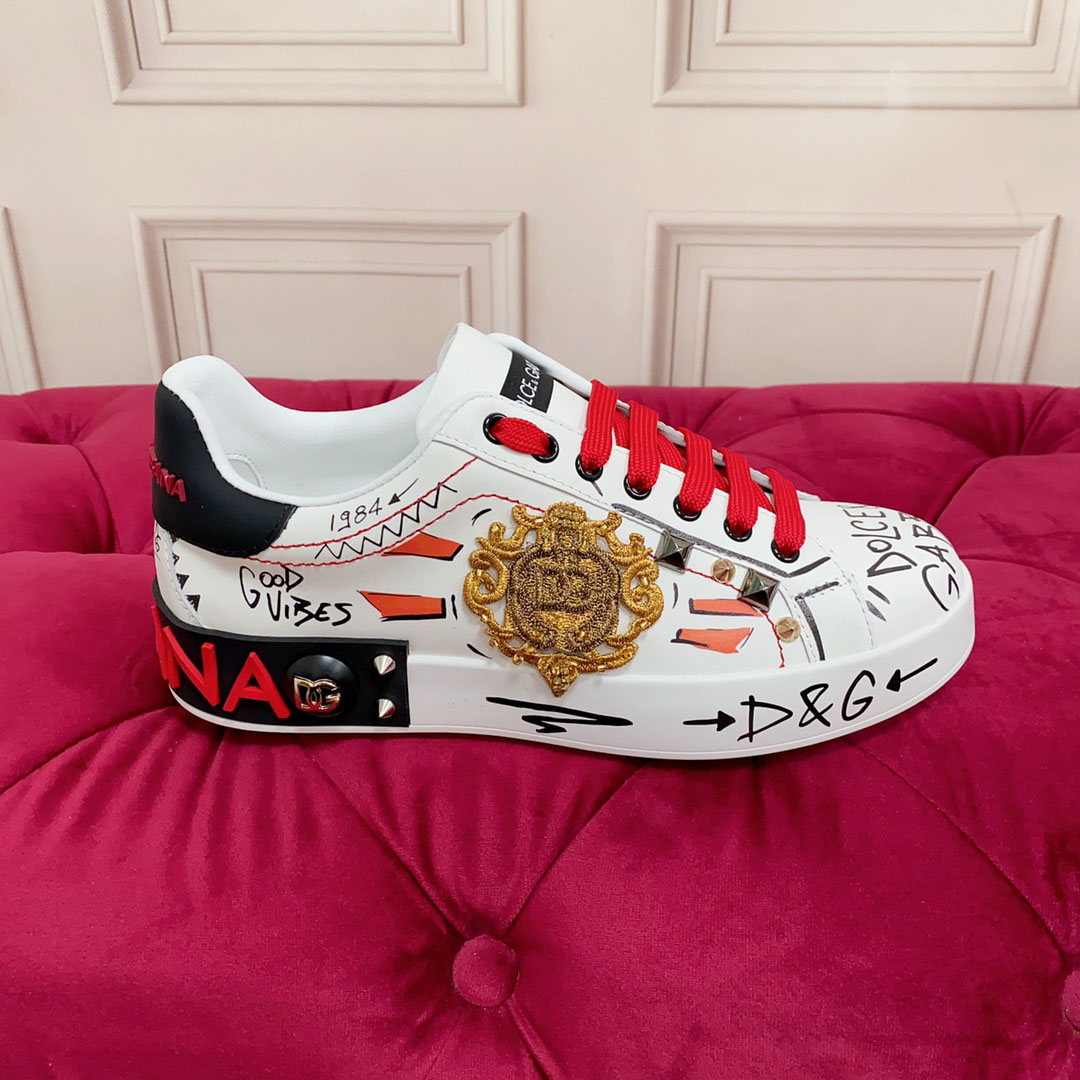 Dolce & Gabbana Calfskin Portofino Sneakers With Embroidery And Studs - DopestKickz