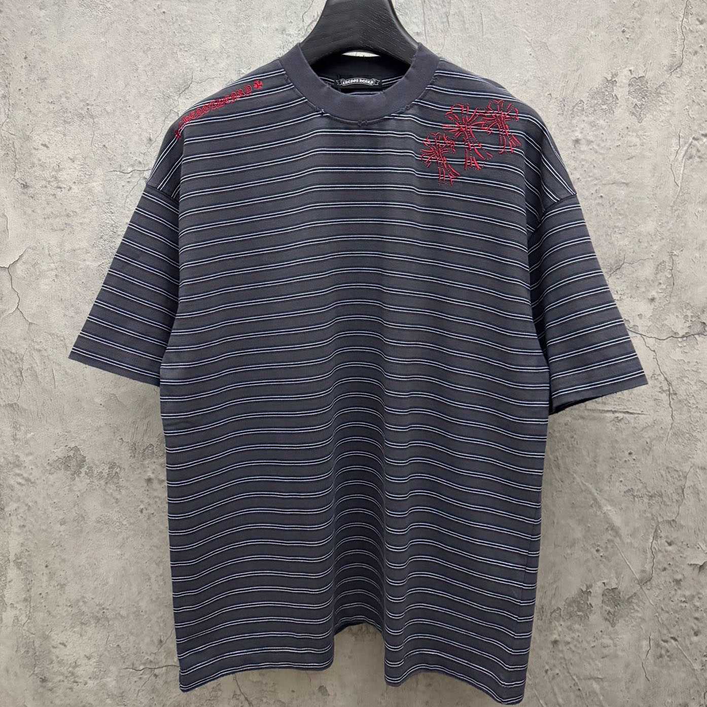 Chrome Hearts Striped Cross Sanskrit Embroidery Crew Neck T-Shirt - DopestKickz