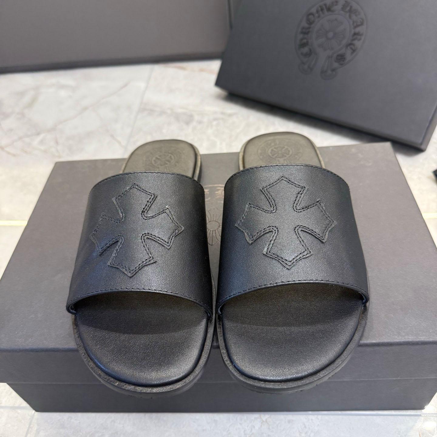 Chrome Hearts Black Leather Plus Slides / Sandals / Slippers - DopestKickz