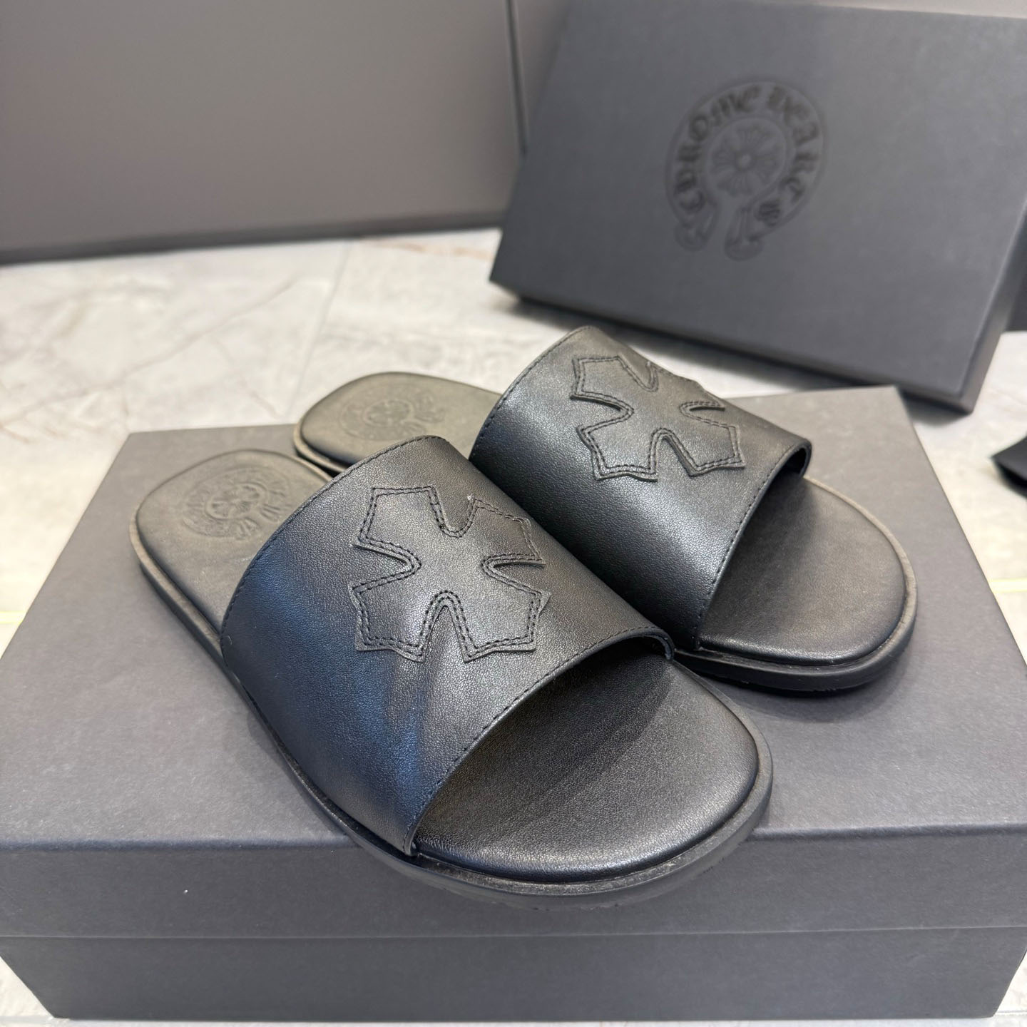 Chrome Hearts Black Leather Plus Slides / Sandals / Slippers - DopestKickz