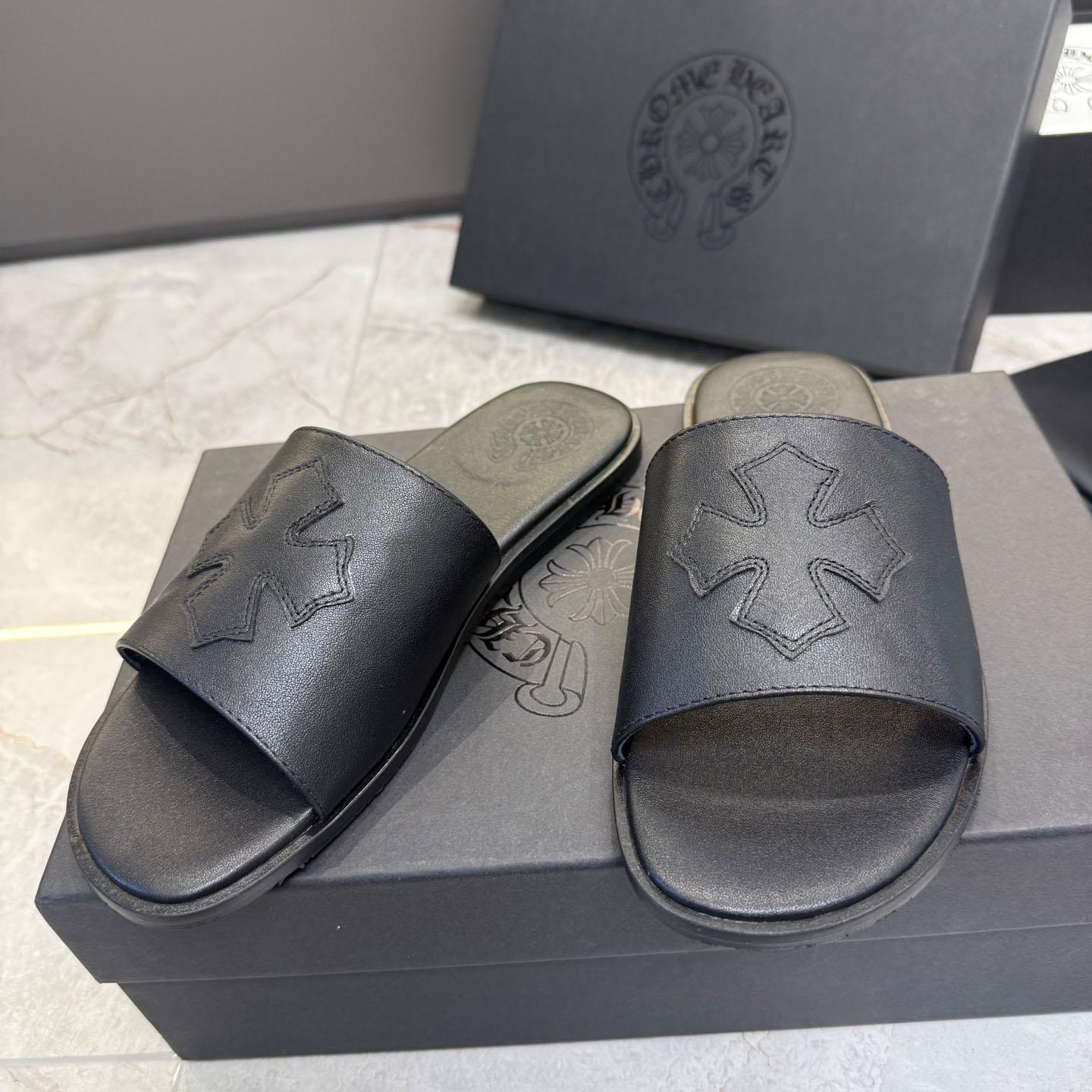 Chrome Hearts Black Leather Plus Slides / Sandals / Slippers - DopestKickz